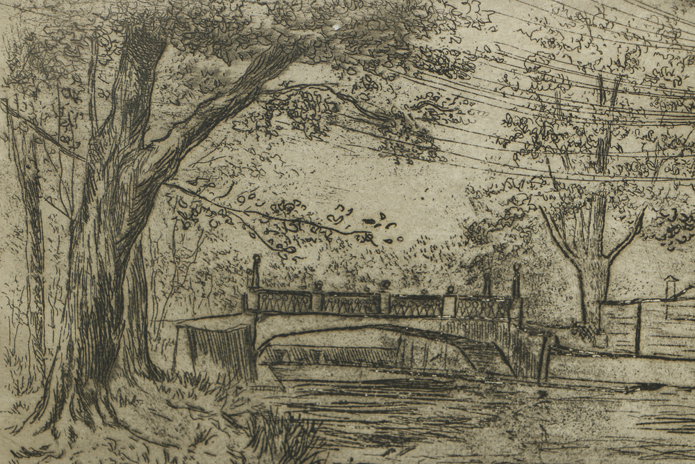 Gijsbertus Kloezeman Dry Point Etching on Paper Bridge Landscape Scene