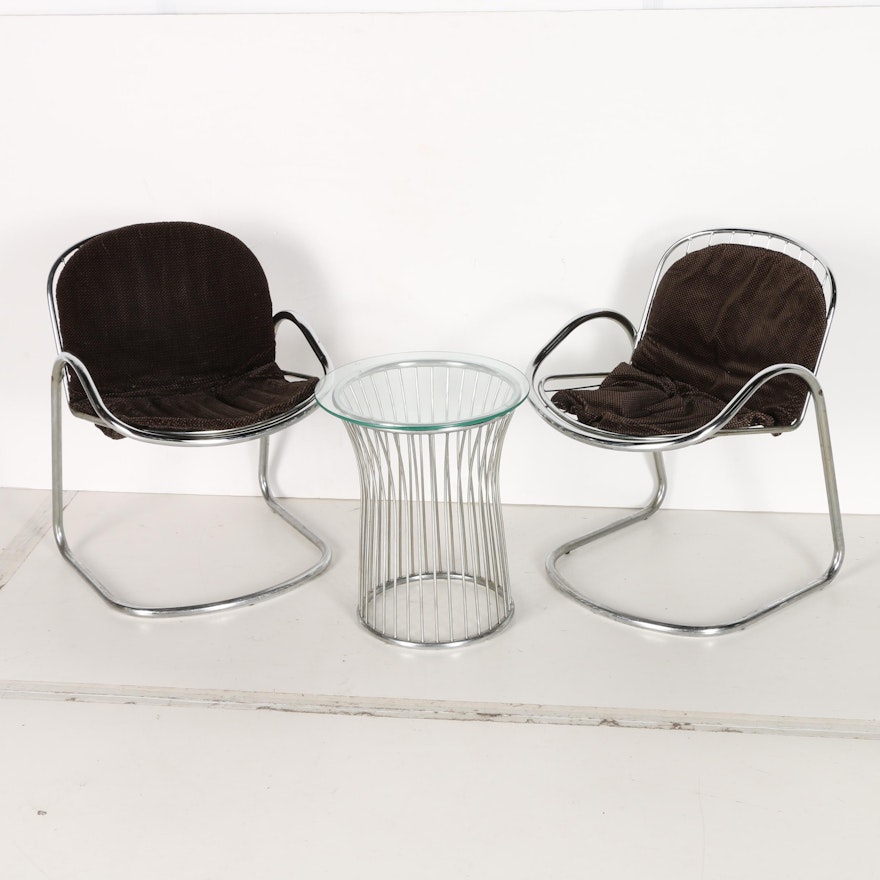 Mid Century Modern Style Chrome Chairs and Glass Top Accent Table