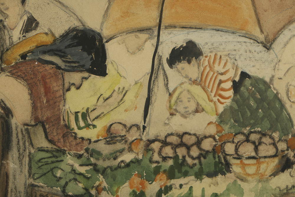 Anita Willets Burnham Mixed Media Painting on Paper Town Market Scene