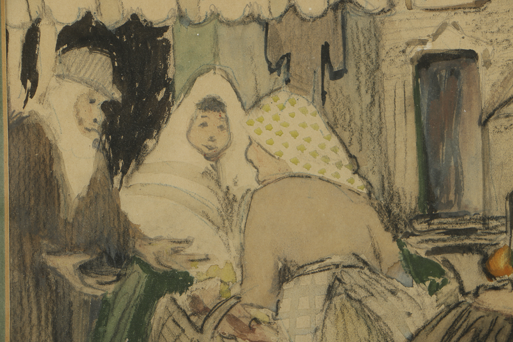 Anita Willets Burnham Mixed Media Painting on Paper Town Market Scene