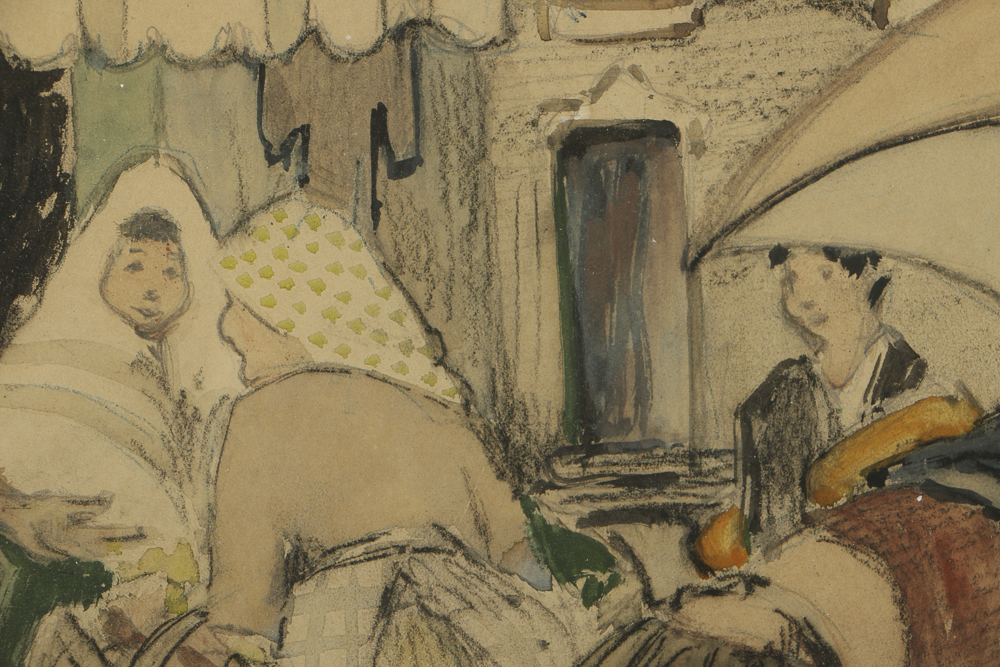 Anita Willets Burnham Mixed Media Painting on Paper Town Market Scene