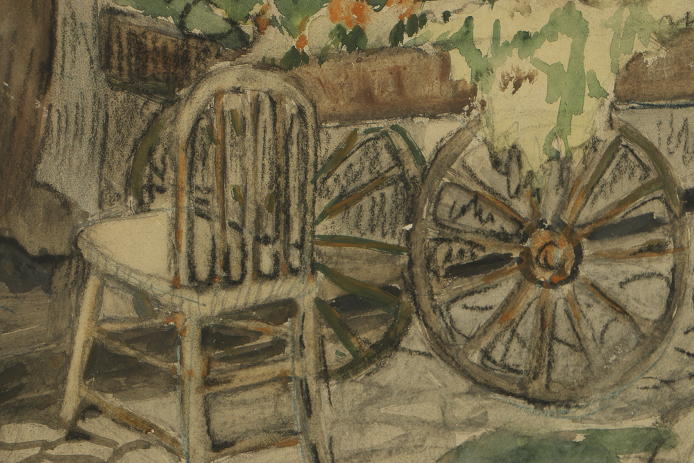 Anita Willets Burnham Mixed Media Painting on Paper Town Market Scene