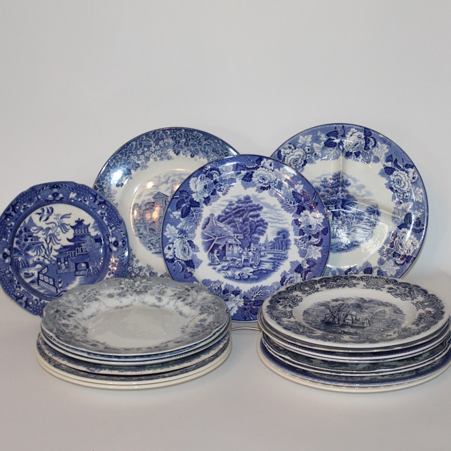 Assorted Transferware Plates in Shades of Blue