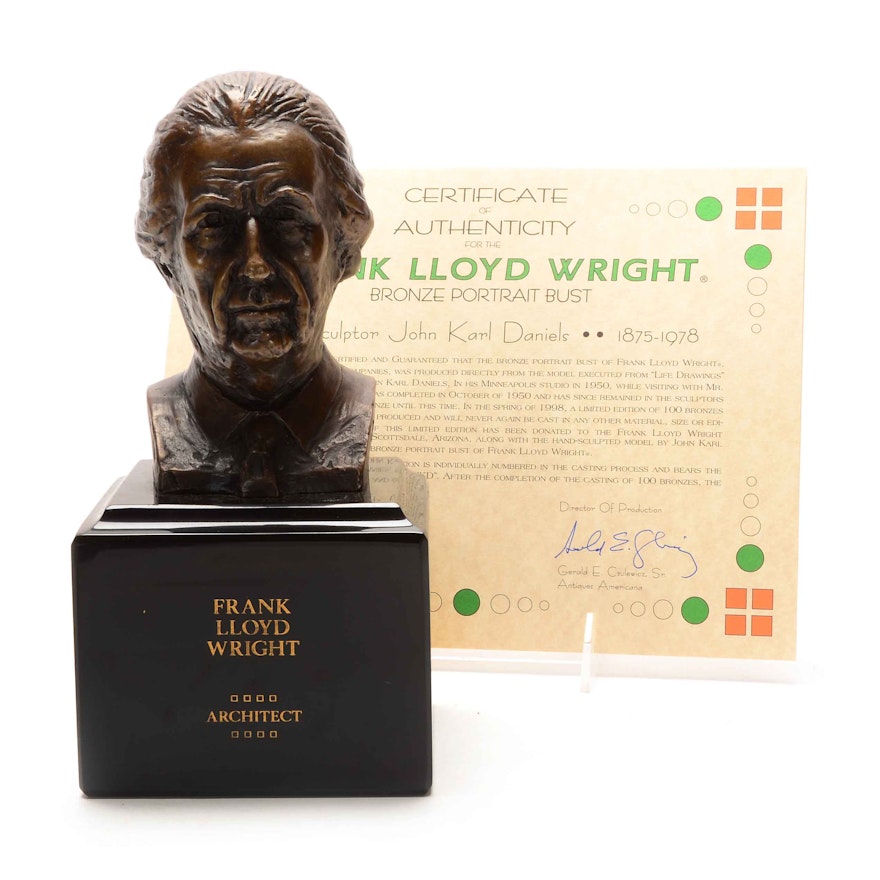 John Karl Daniels Cast Bronze Bust Sculpture of Frank Lloyd Wright