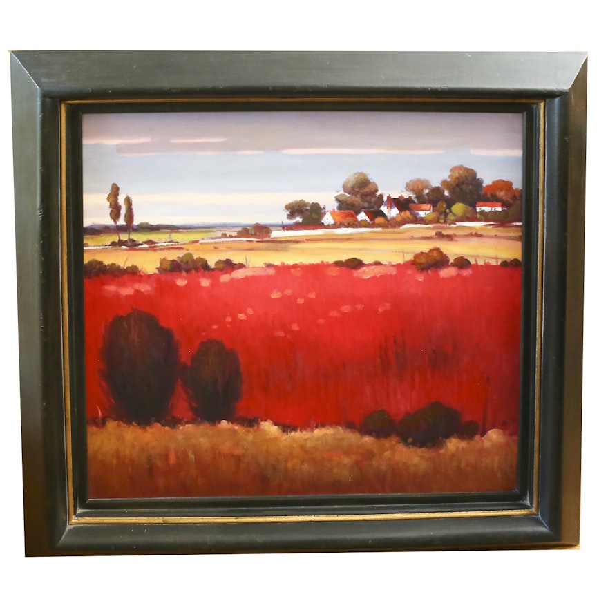 Framed Oil on Canvas of a Red Landscape
