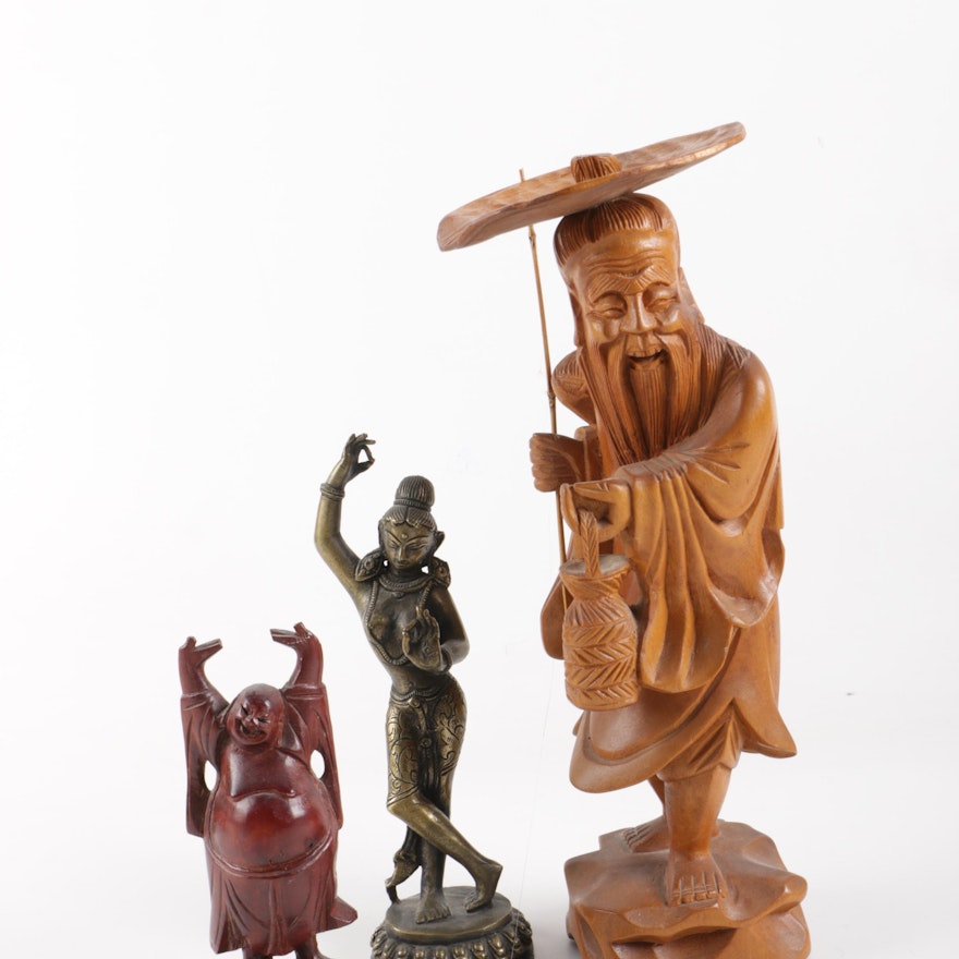 Collection of Wooden and Brass Asian Figurines