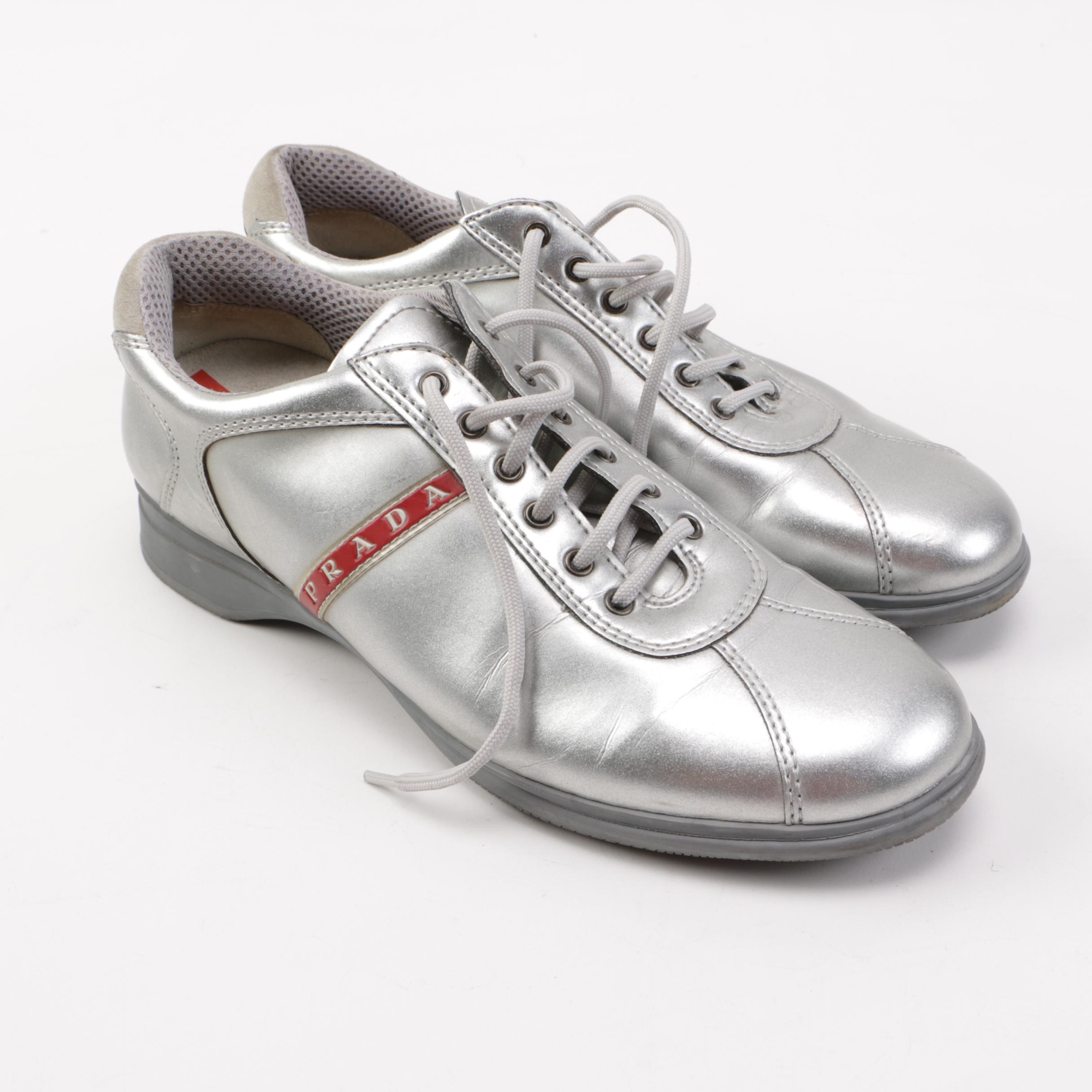 Women's Prada Metallic Silver Sneakers