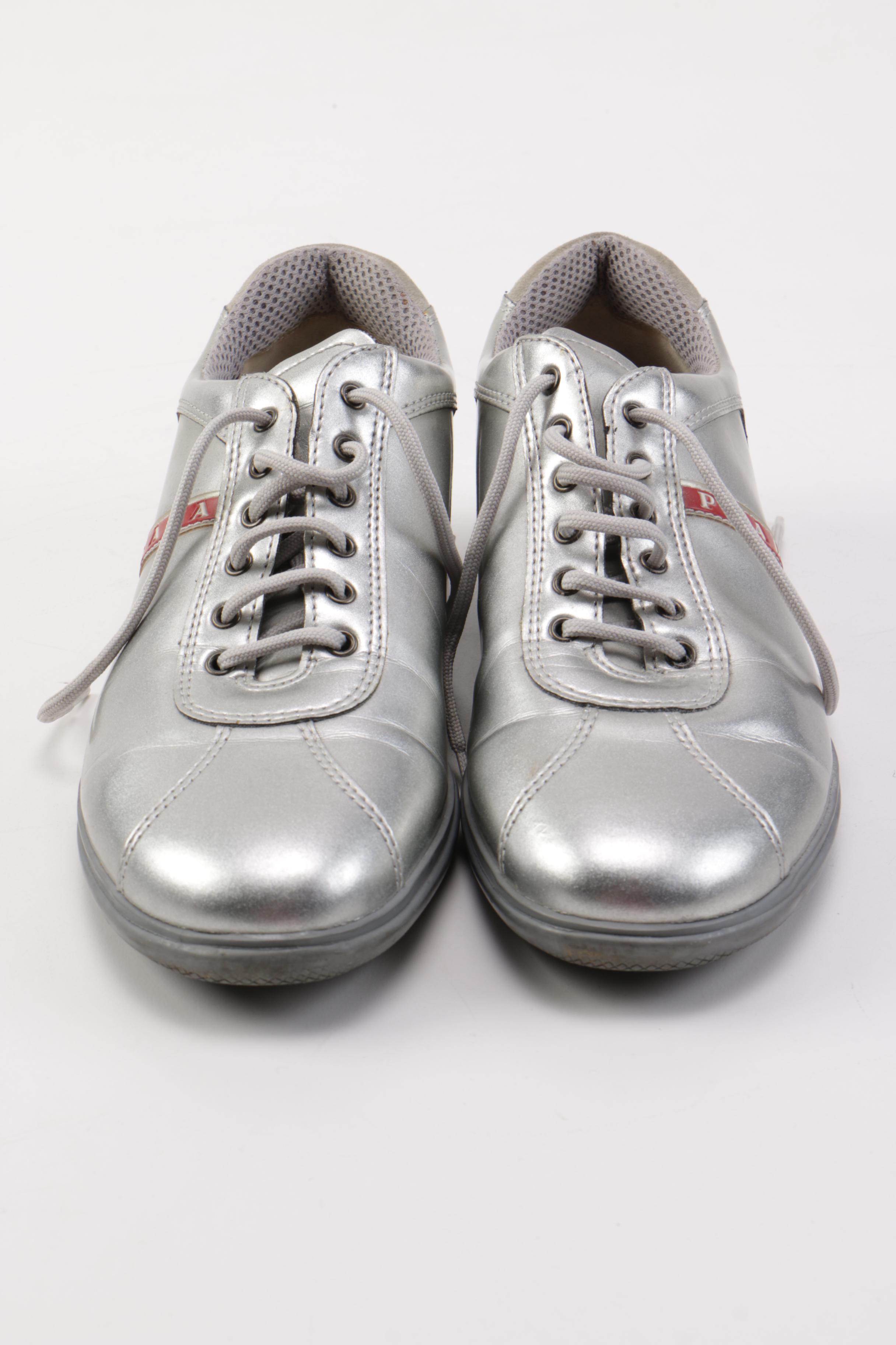 Women's Prada Metallic Silver Sneakers