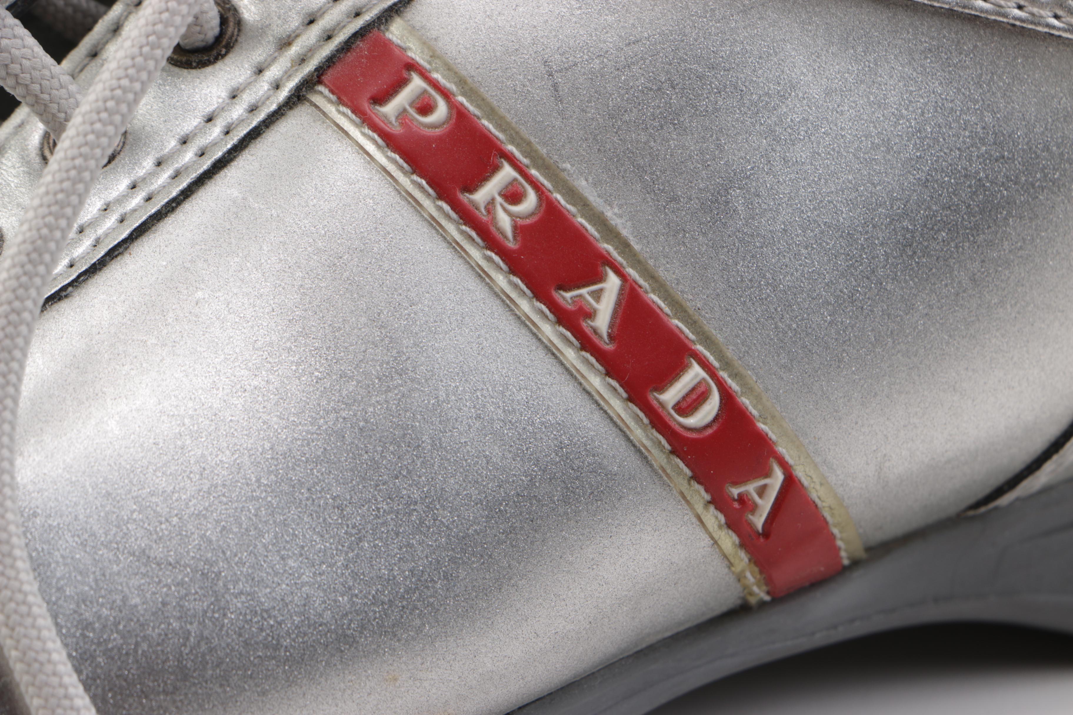 Women's Prada Metallic Silver Sneakers