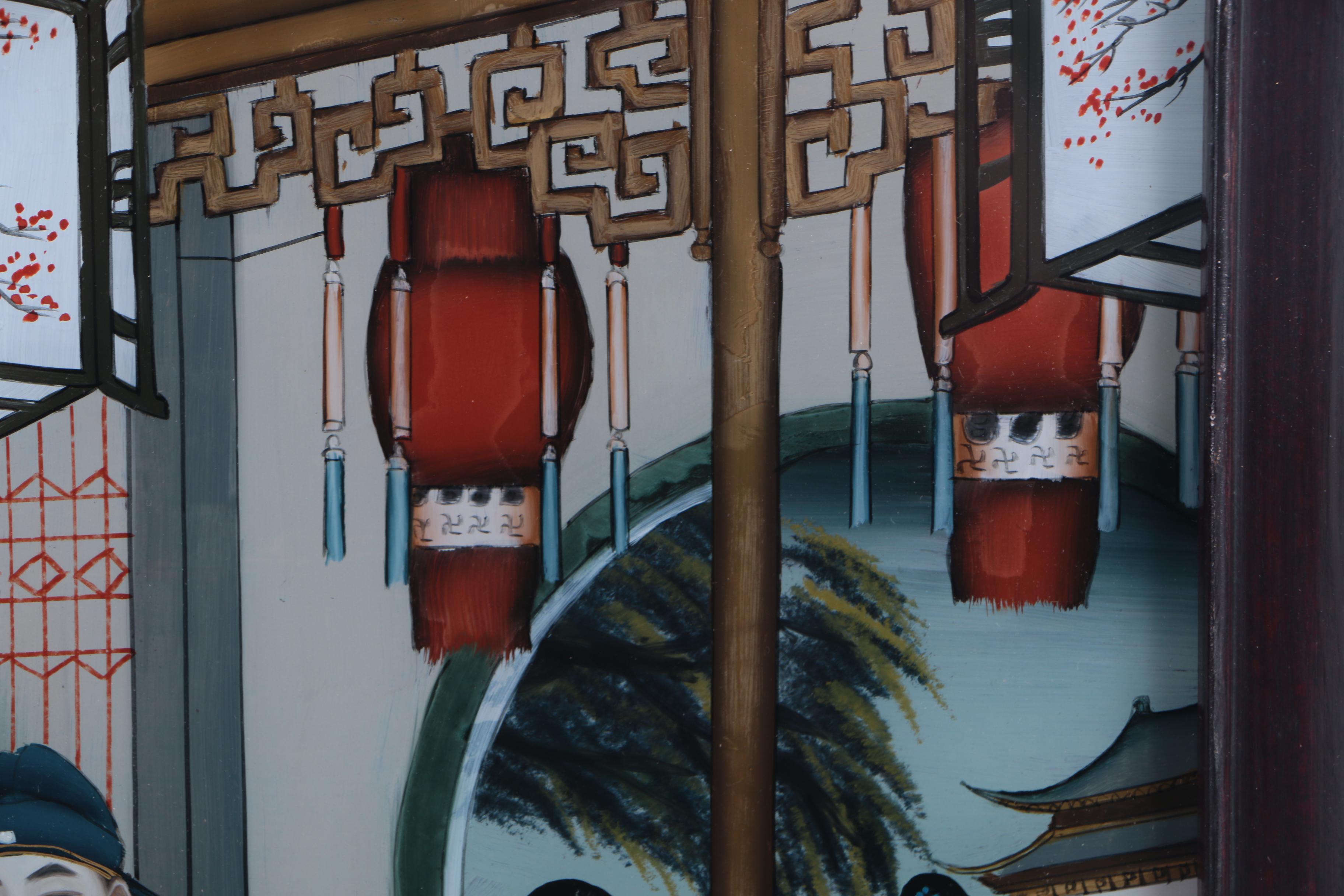 Chinese Reverse Glass Painting of a Mahjong Game