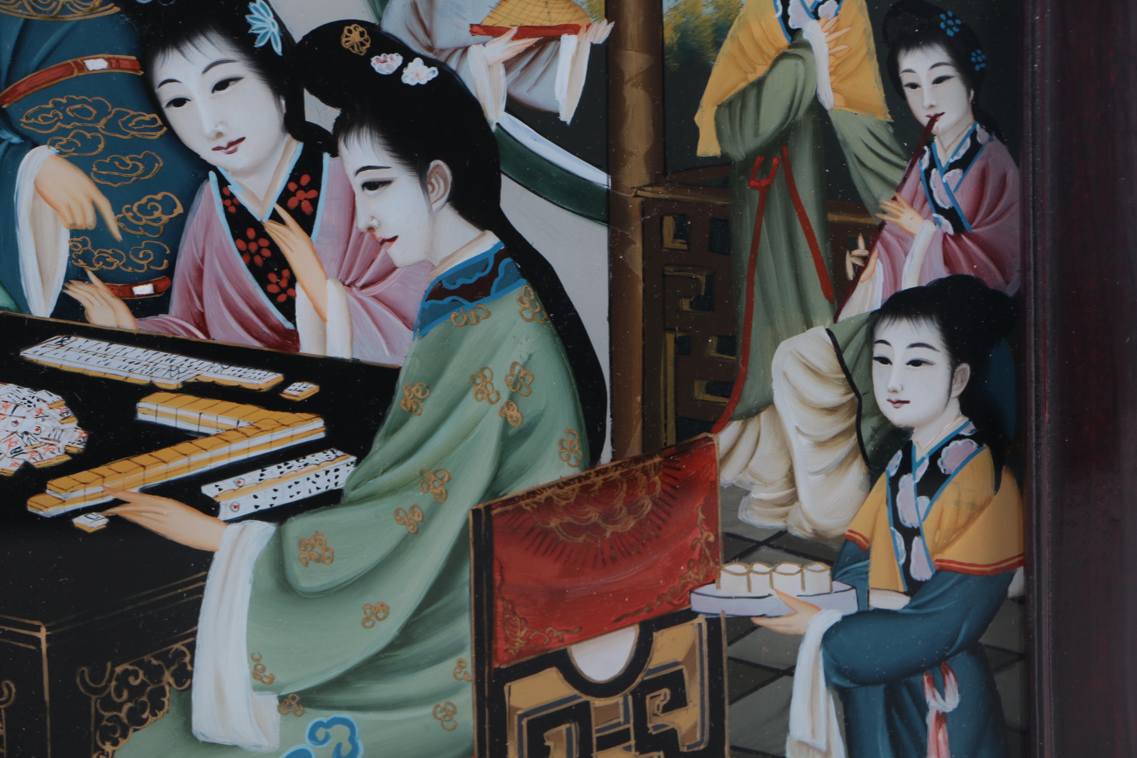 Chinese Reverse Glass Painting of a Mahjong Game