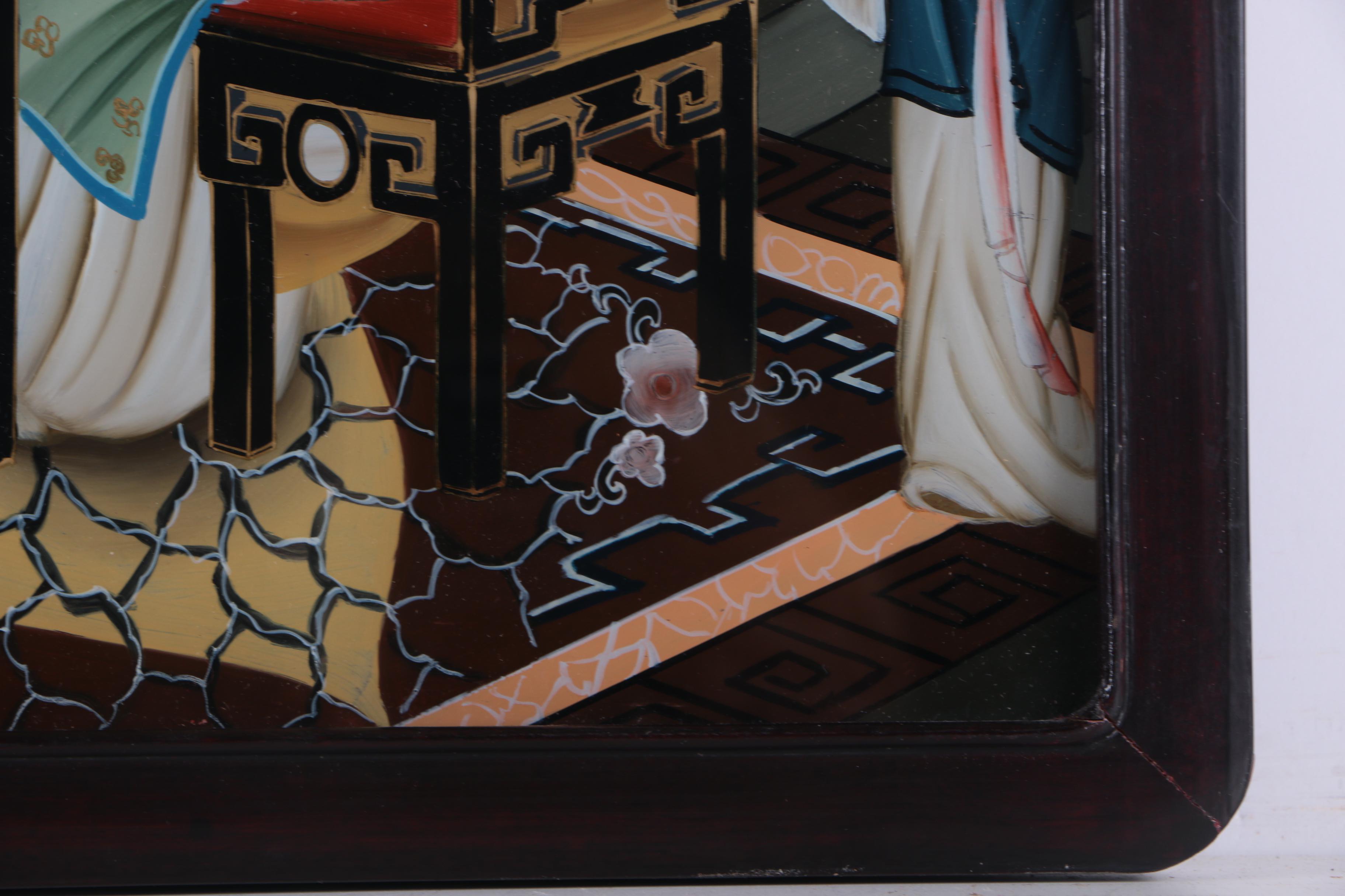 Chinese Reverse Glass Painting of a Mahjong Game