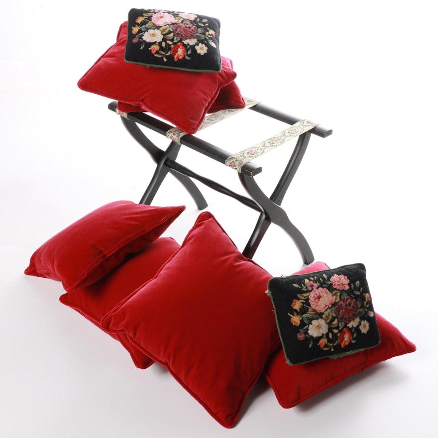 Collection of Accent Pillows and Luggage Rack