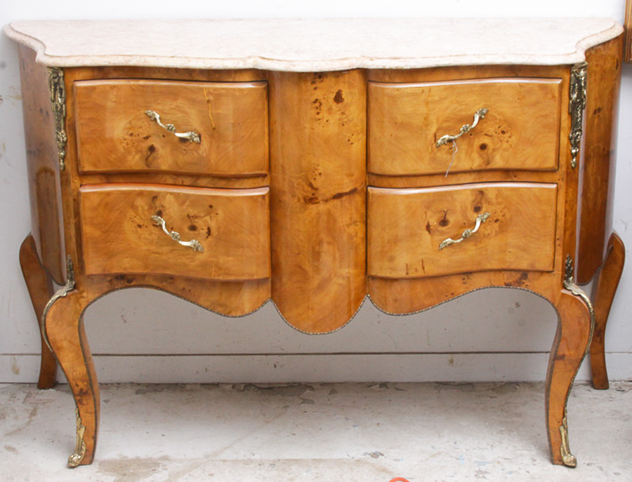 French Style Faux Ormolu-Mounted Maple Marble Top Commode