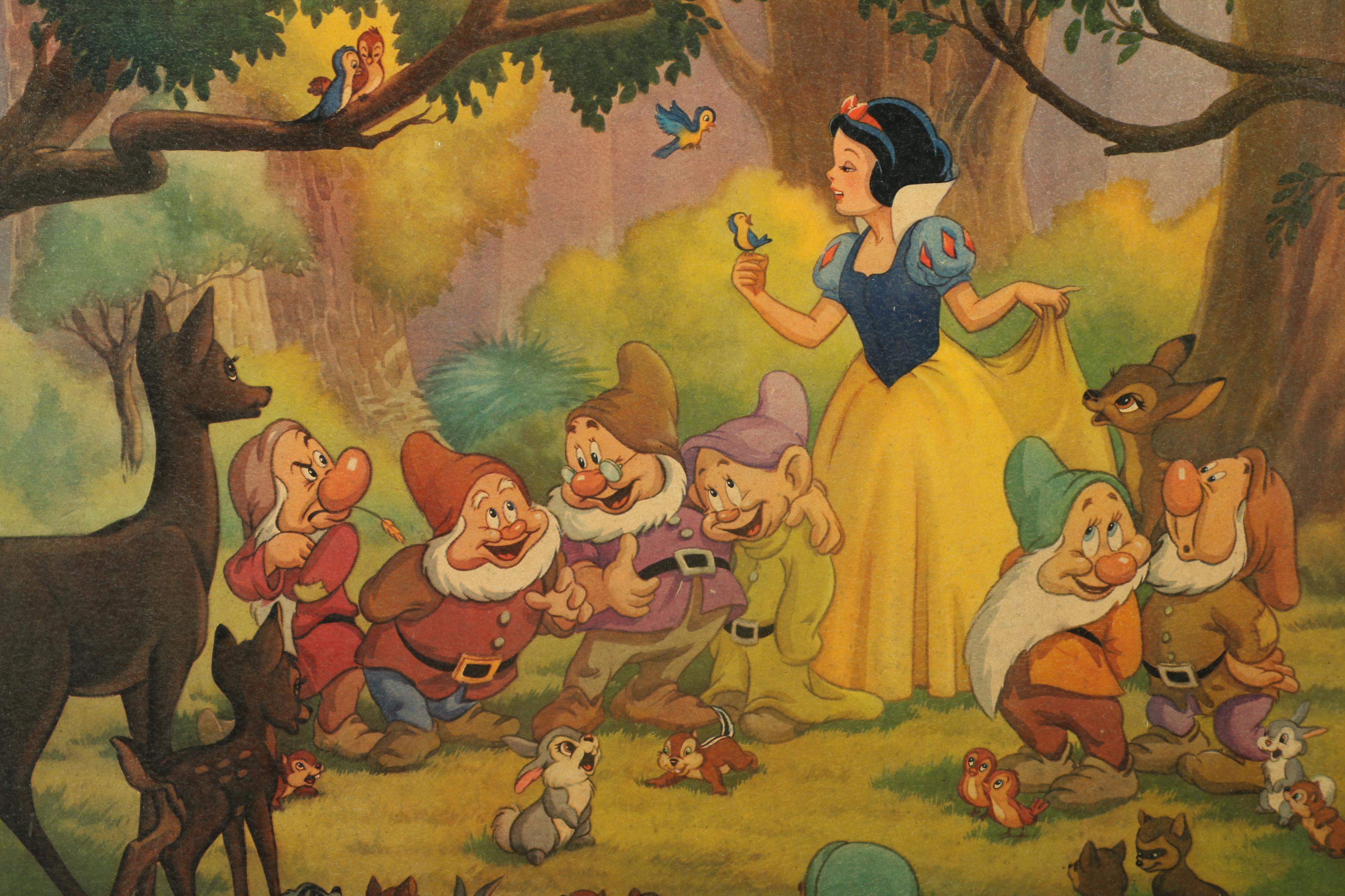 Walt Disney Offset Lithograph on Board of Snow White and the Seven Dwarfs
