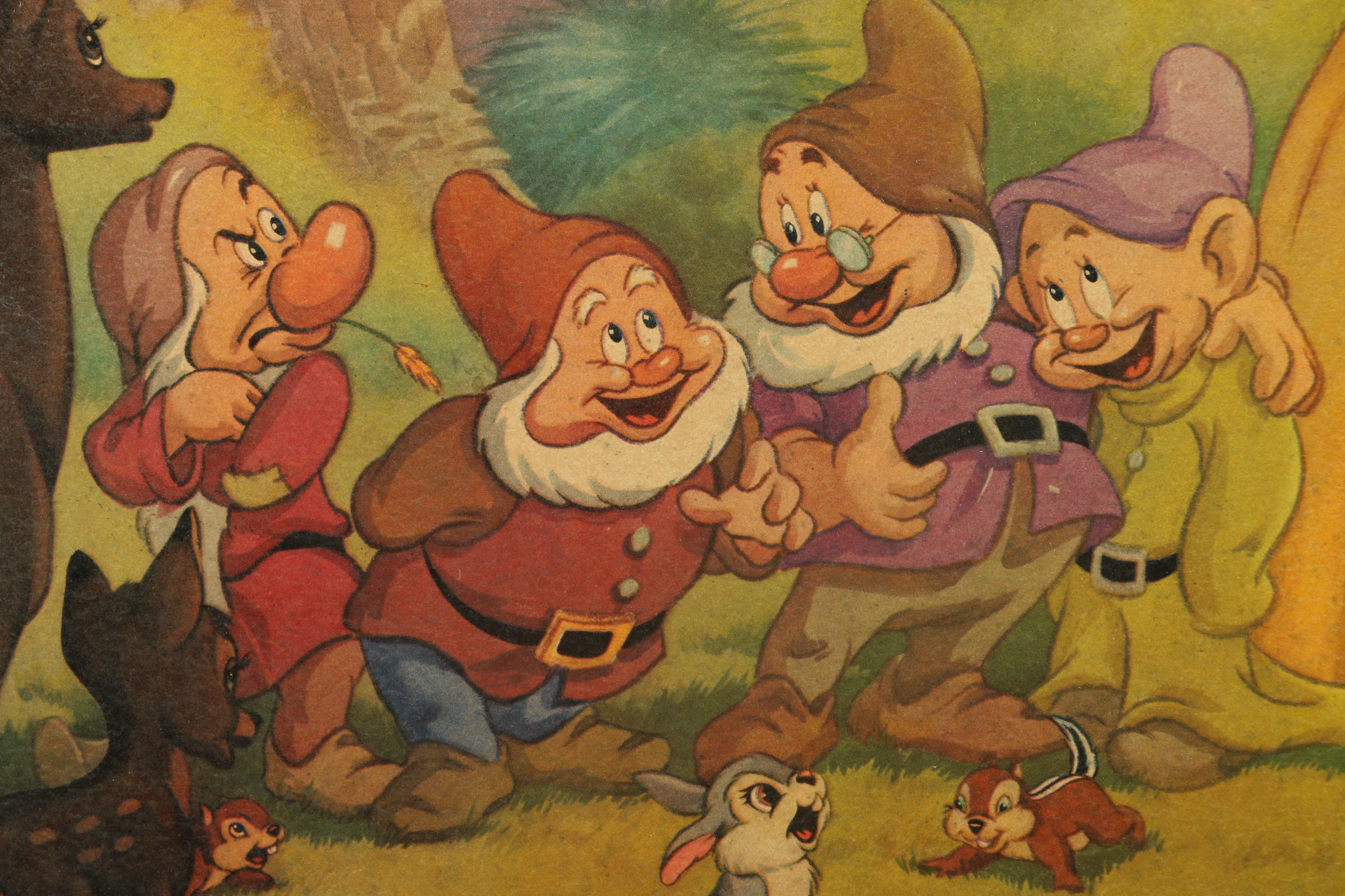 Walt Disney Offset Lithograph on Board of Snow White and the Seven Dwarfs