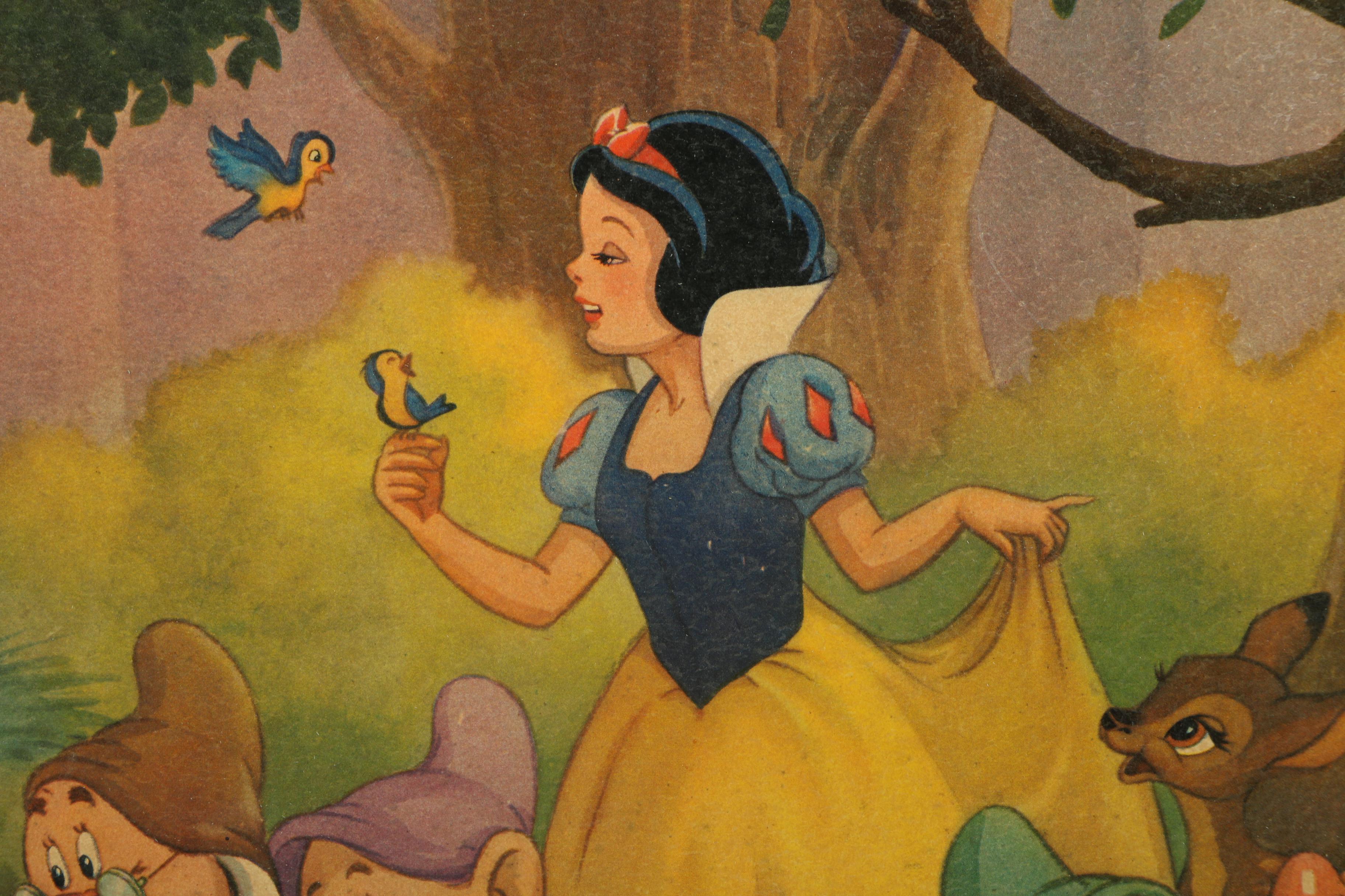 Walt Disney Offset Lithograph on Board of Snow White and the Seven Dwarfs