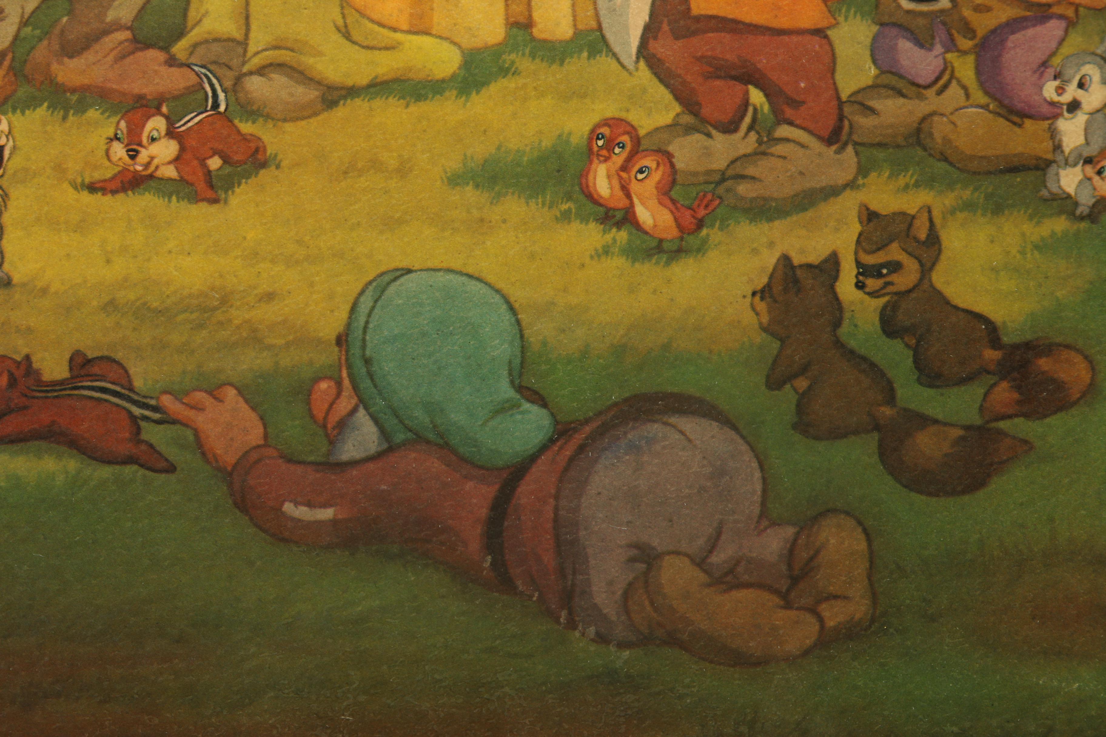 Walt Disney Offset Lithograph on Board of Snow White and the Seven Dwarfs