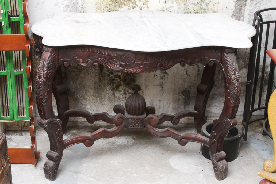 Victorian Style Marble Top Carved Wood Table