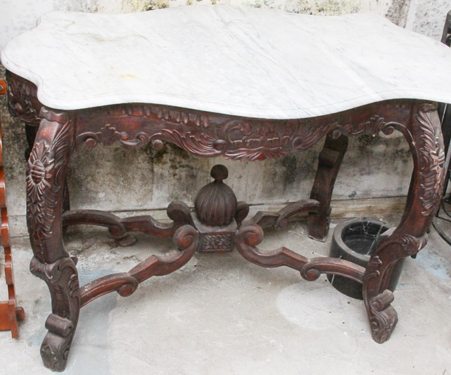 Victorian Style Marble Top Carved Wood Table