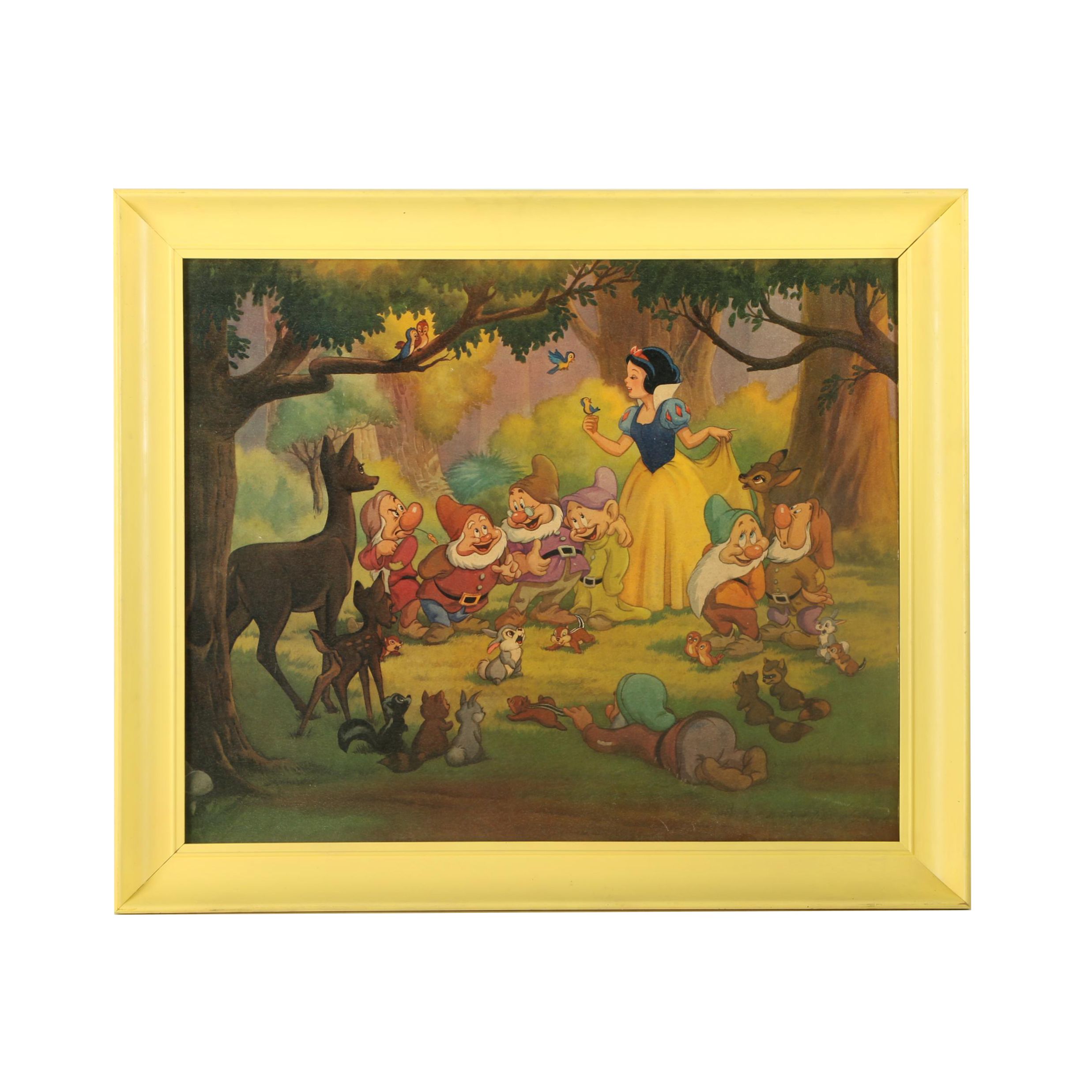 Walt Disney Offset Lithograph on Board of Snow White and the Seven Dwarfs