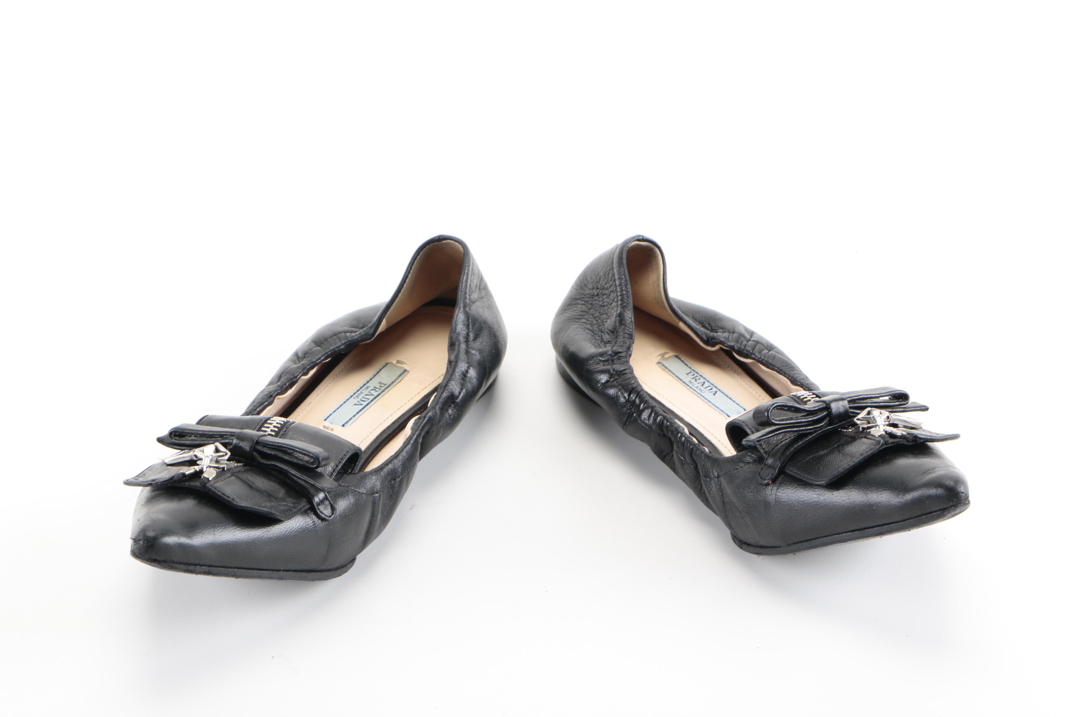 Prada Pointy Zip-Front Leather Ballerina Flat