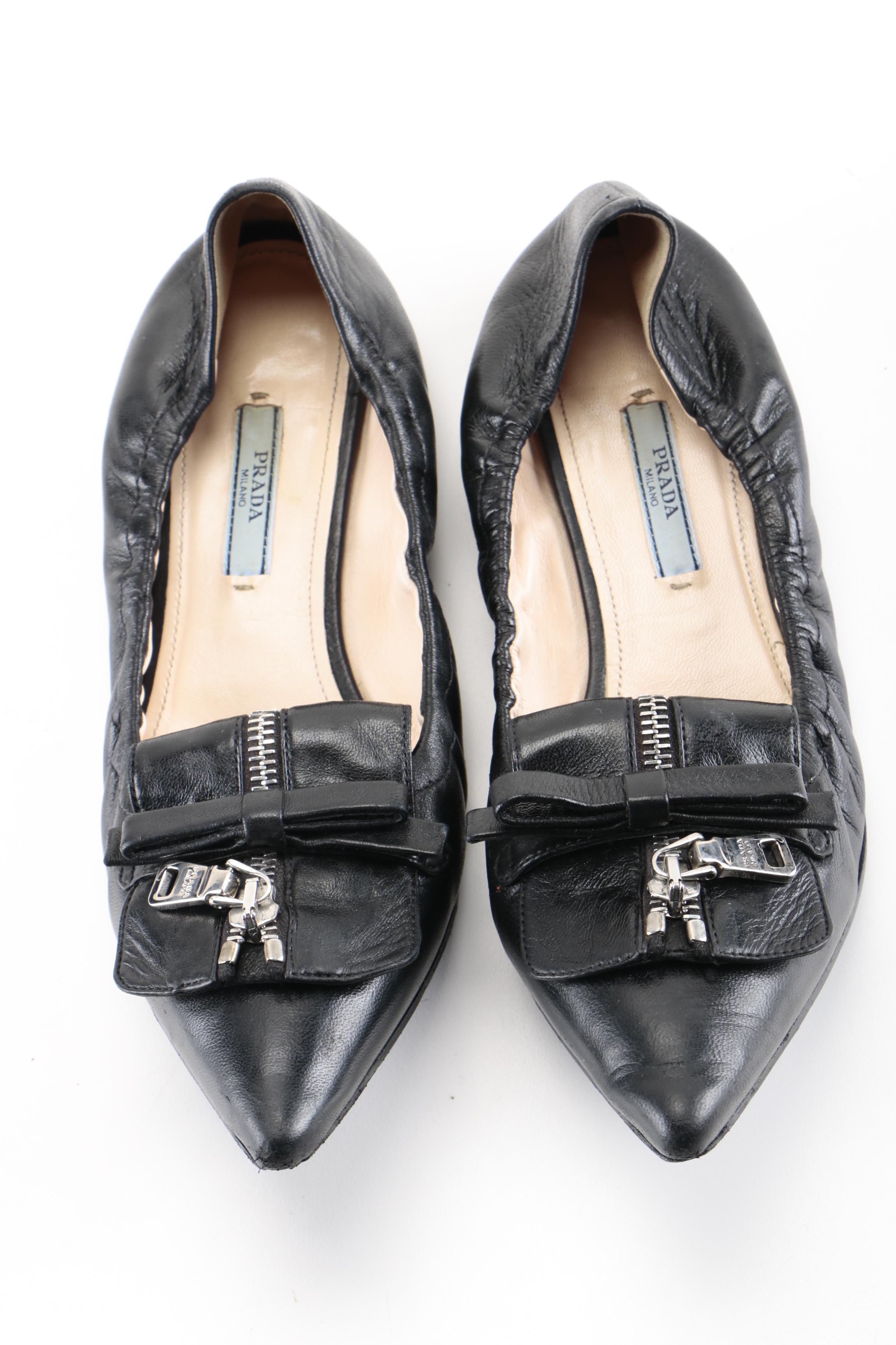 Prada Pointy Zip-Front Leather Ballerina Flat
