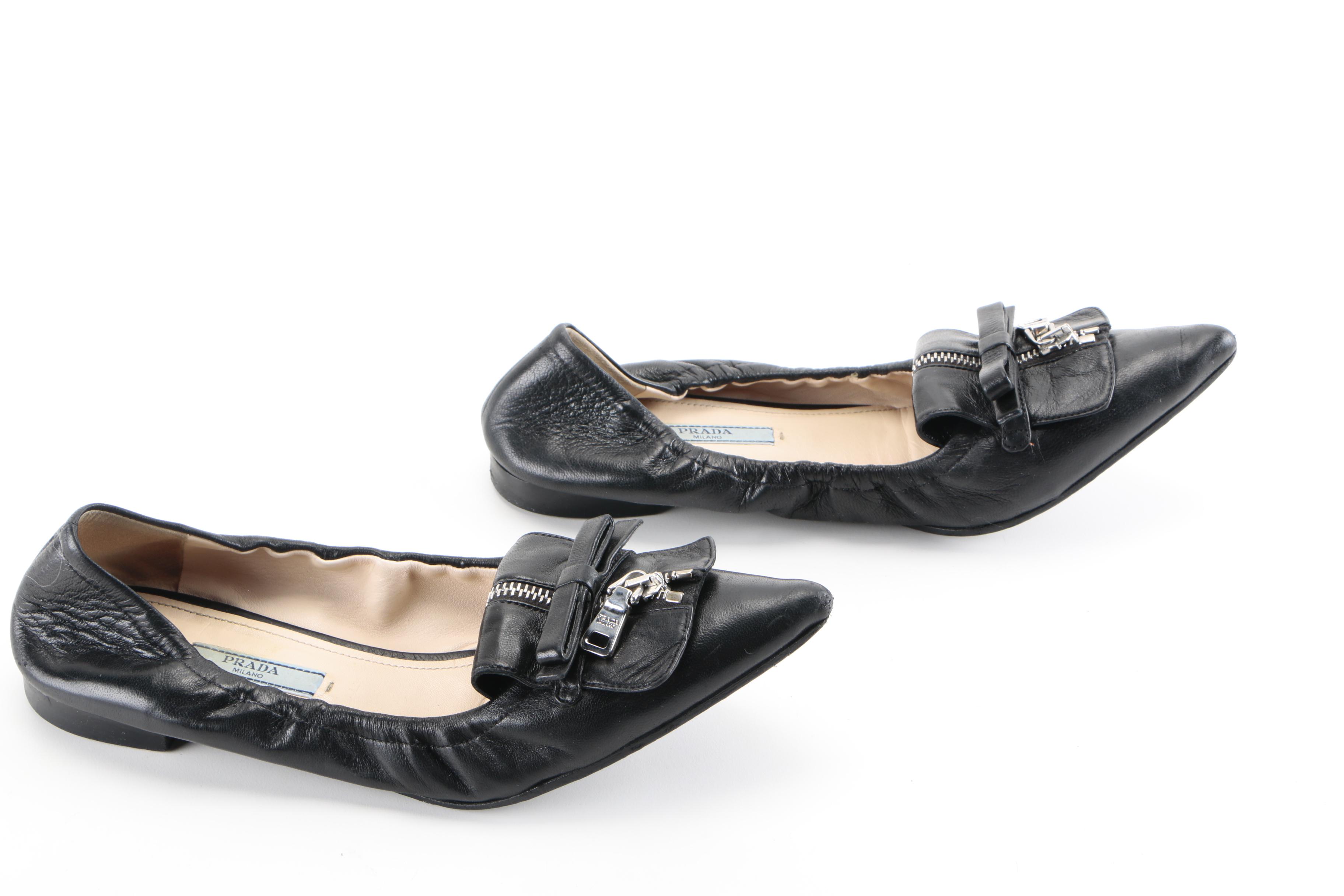 Prada Pointy Zip-Front Leather Ballerina Flat