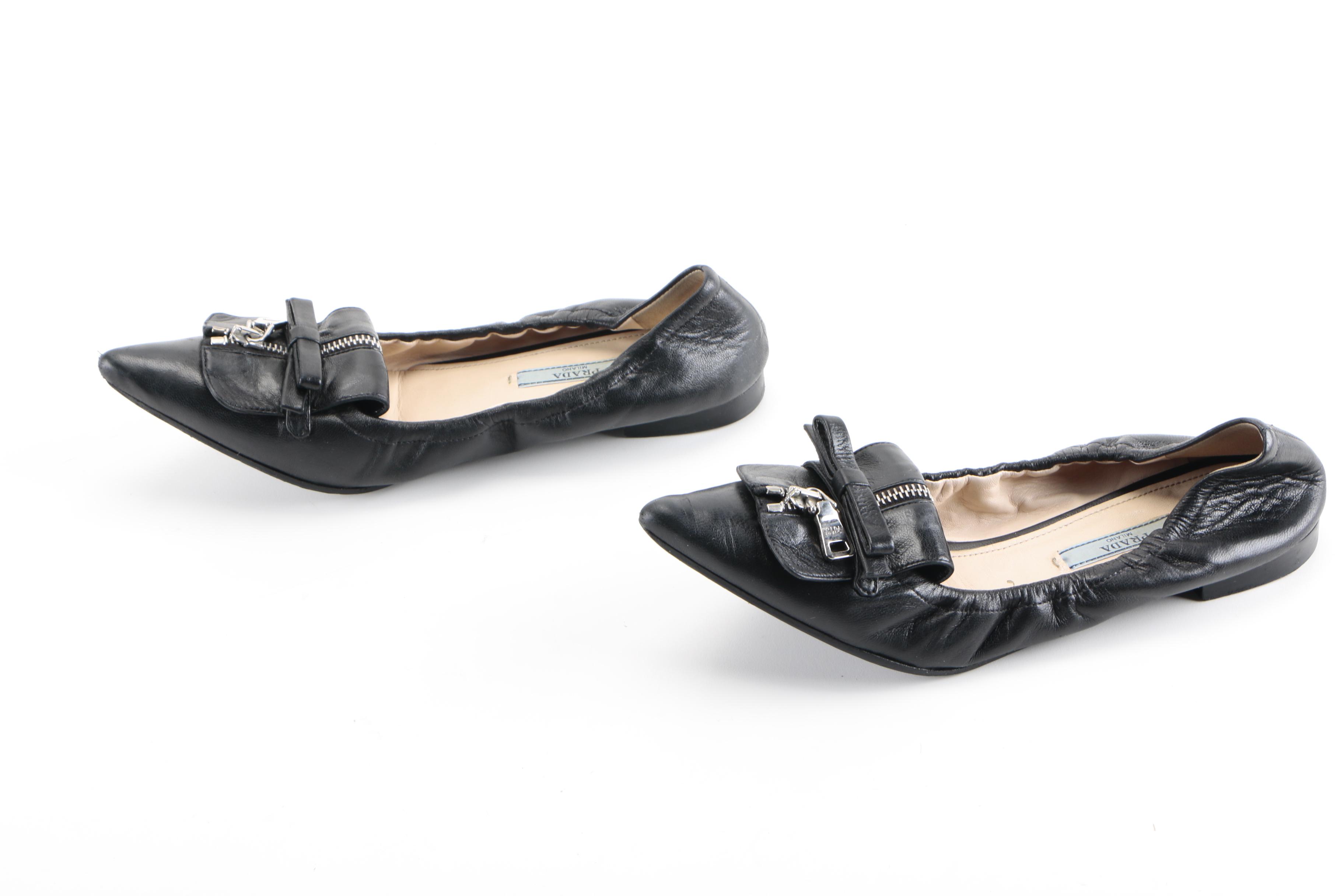 Prada Pointy Zip-Front Leather Ballerina Flat