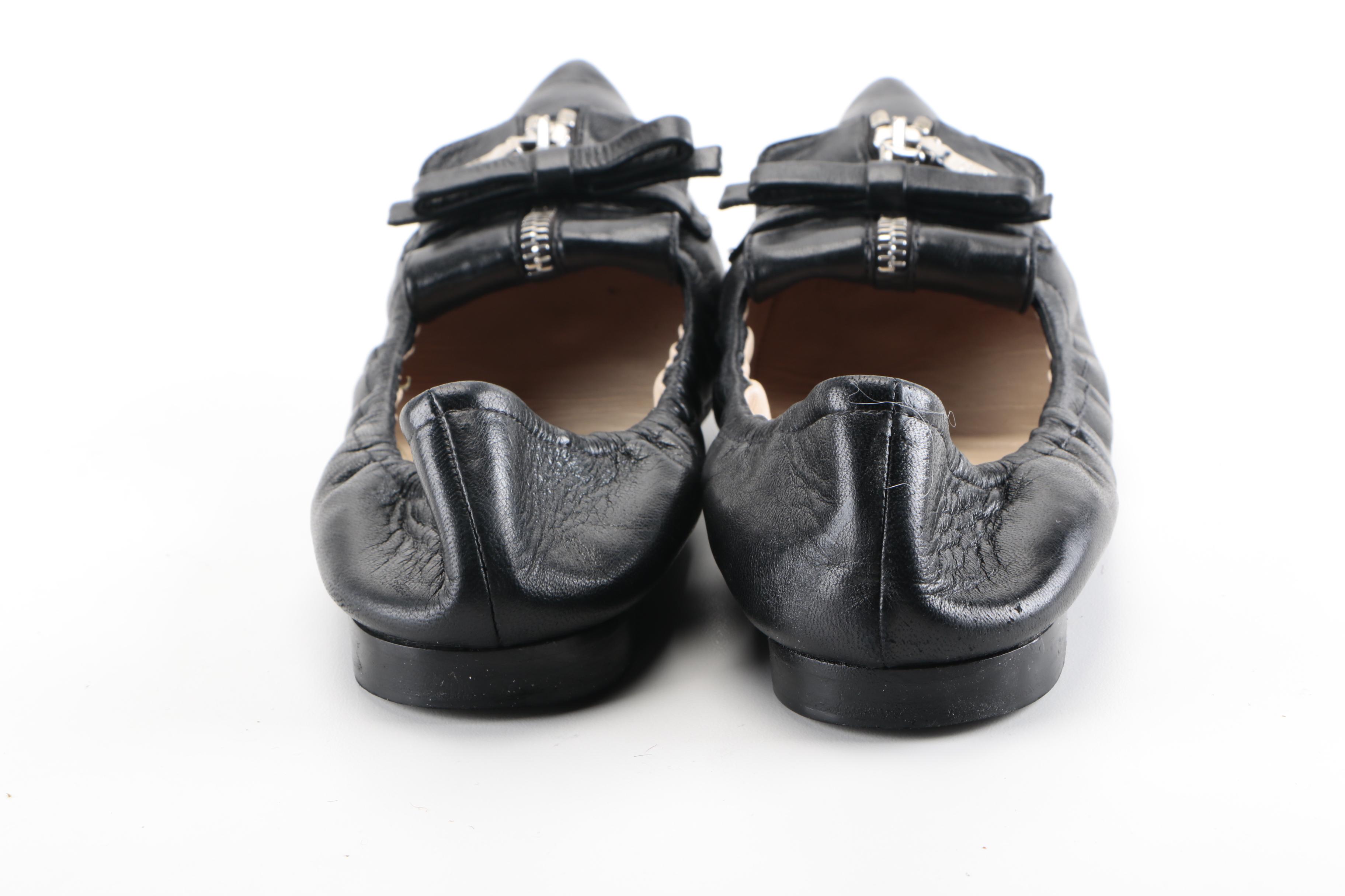 Prada Pointy Zip-Front Leather Ballerina Flat