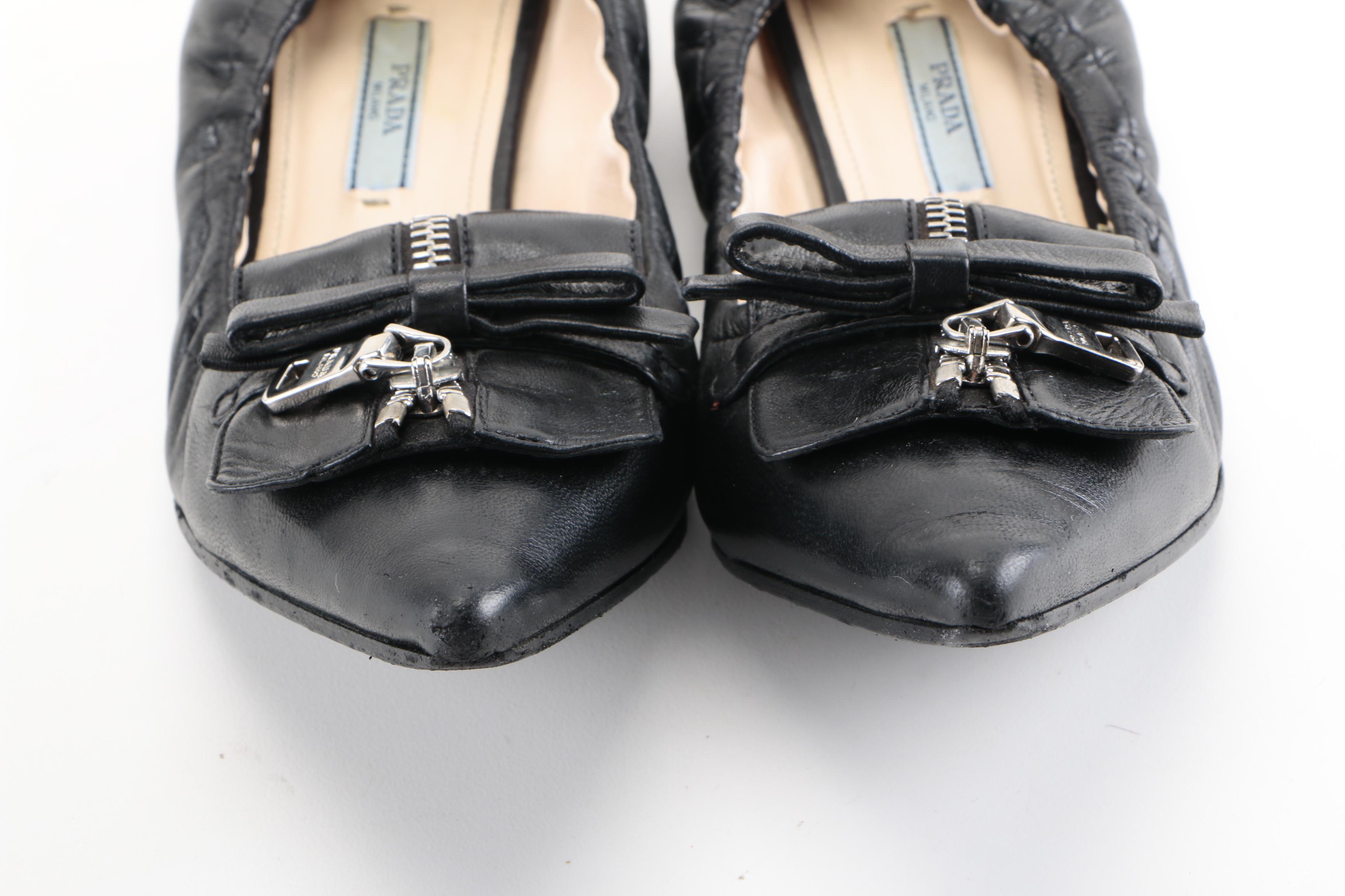 Prada Pointy Zip-Front Leather Ballerina Flat