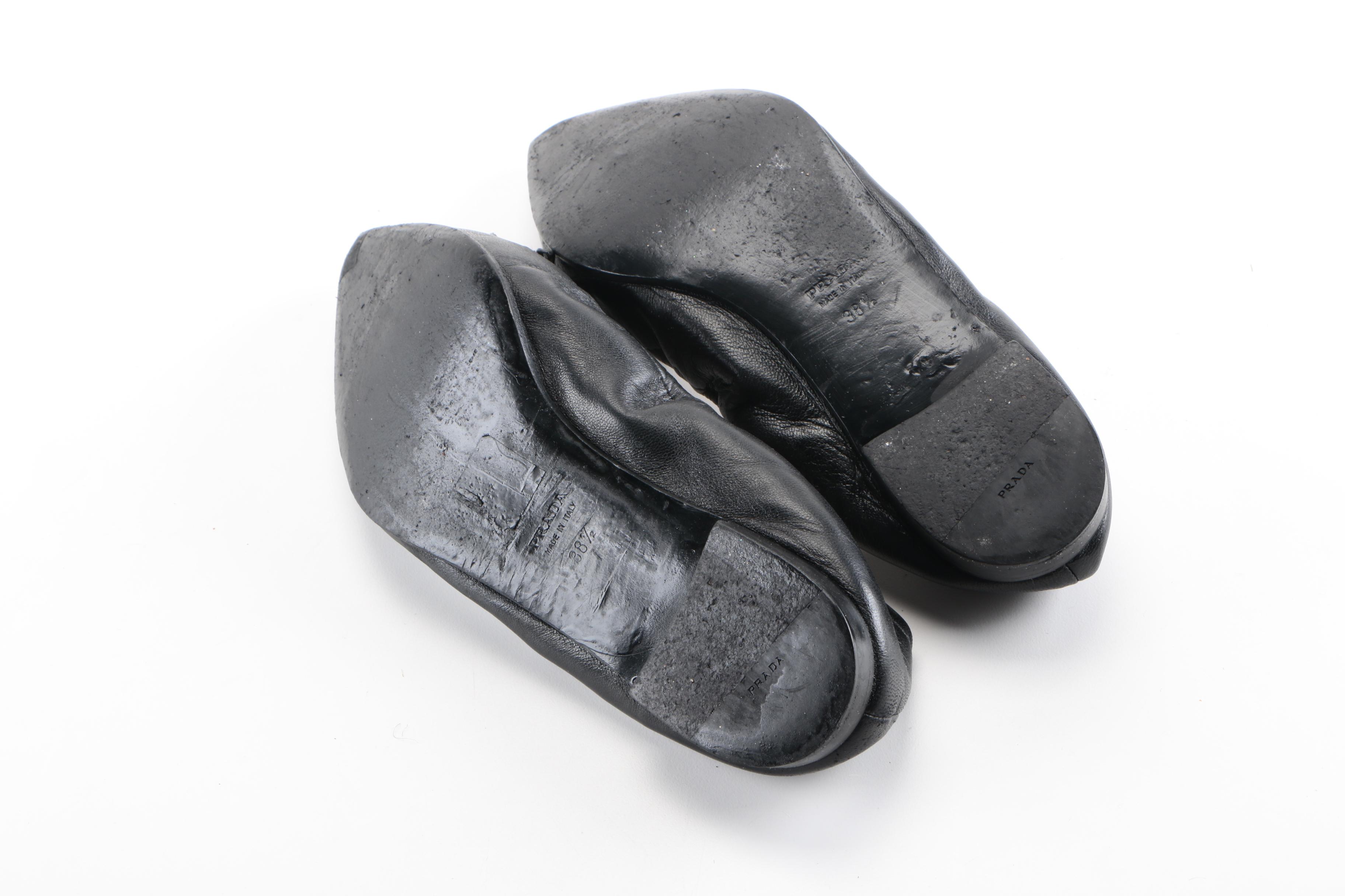 Prada Pointy Zip-Front Leather Ballerina Flat