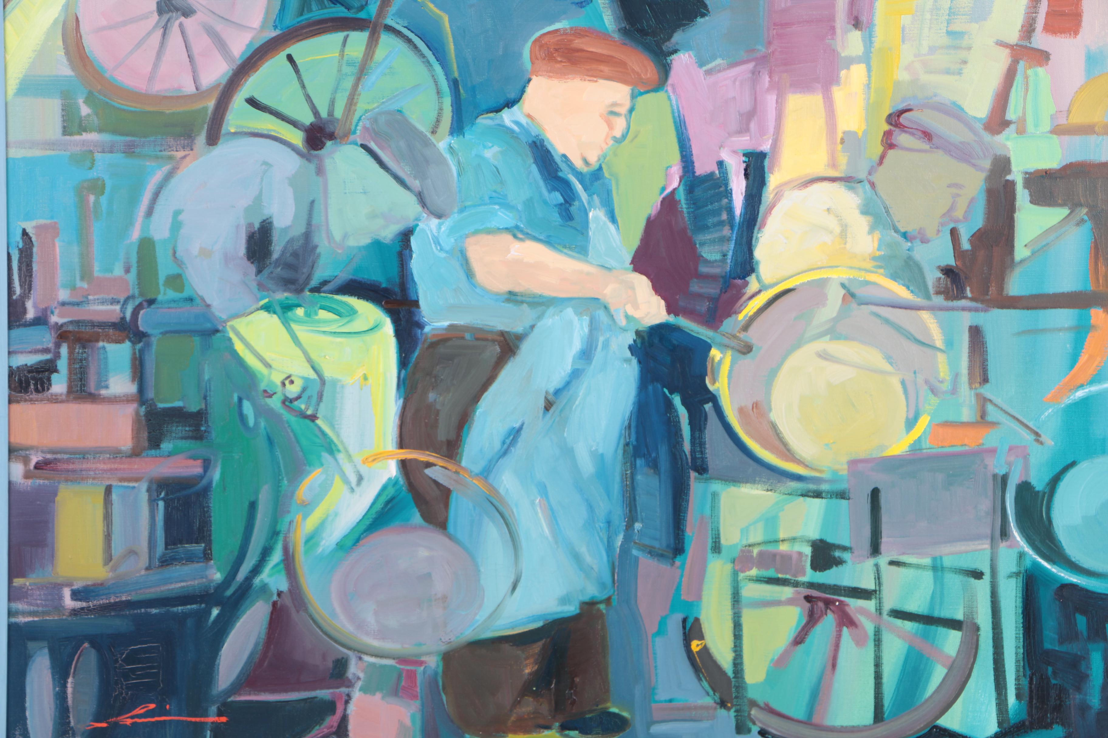 Larmi 1973 Oil Painting on Canvas of Workers in a Factory "H. Calderais"