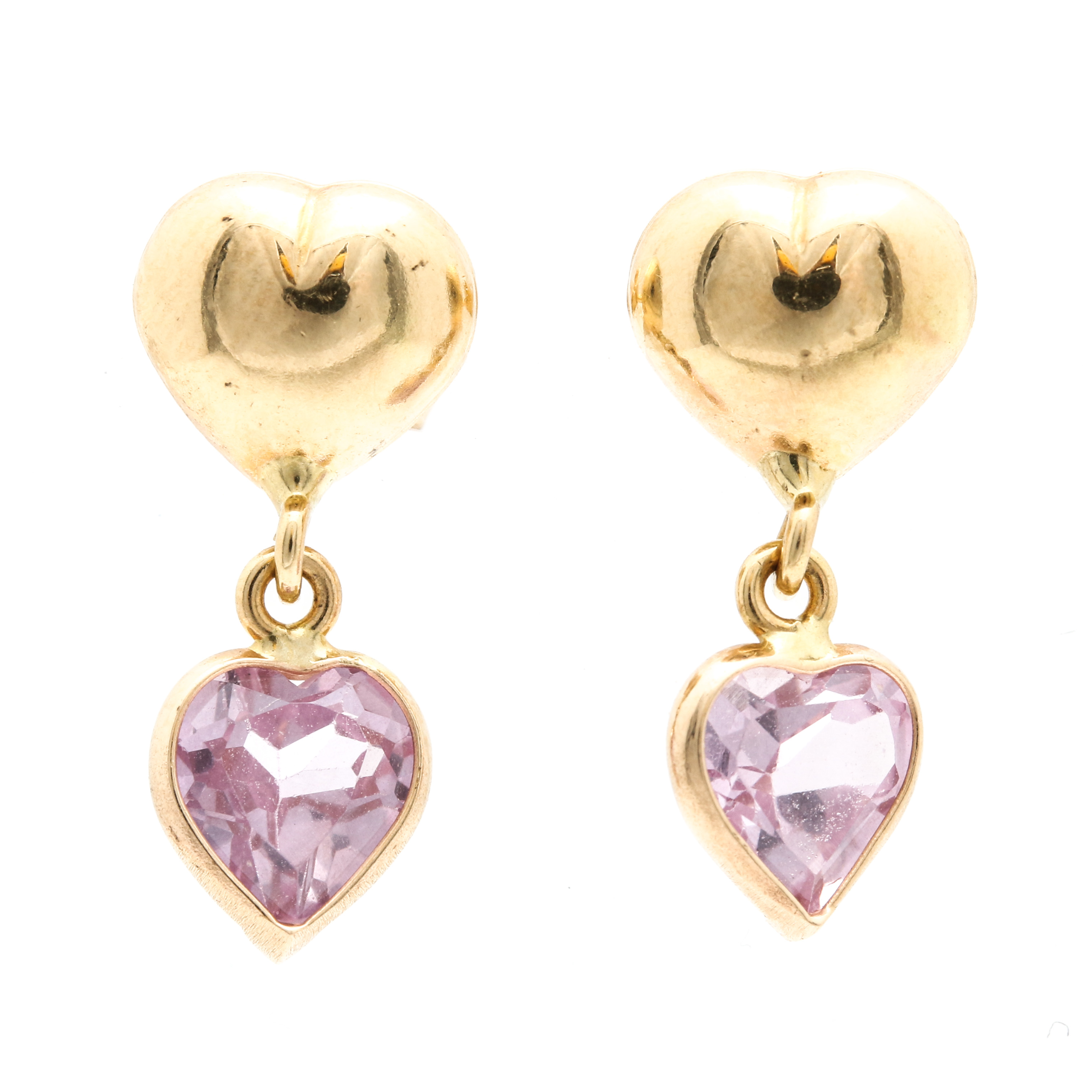 18K Yellow Gold Synthetic Pink Sapphire Dangle Earrings