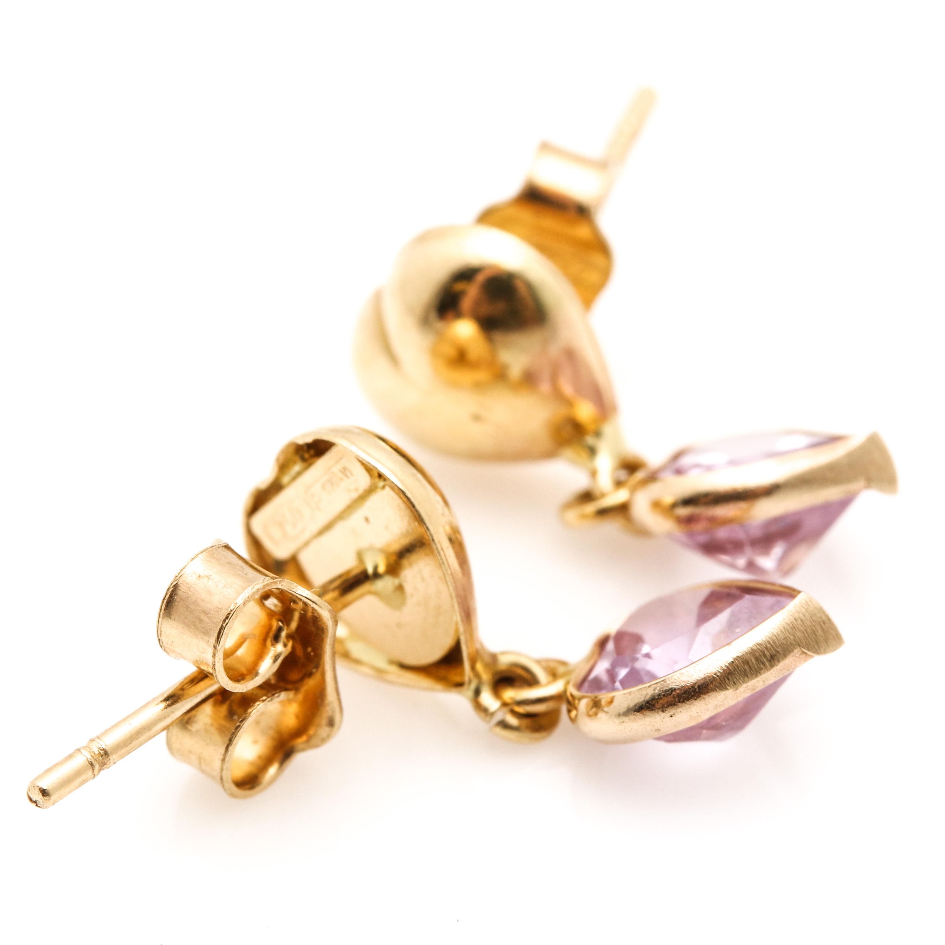 18K Yellow Gold Synthetic Pink Sapphire Dangle Earrings