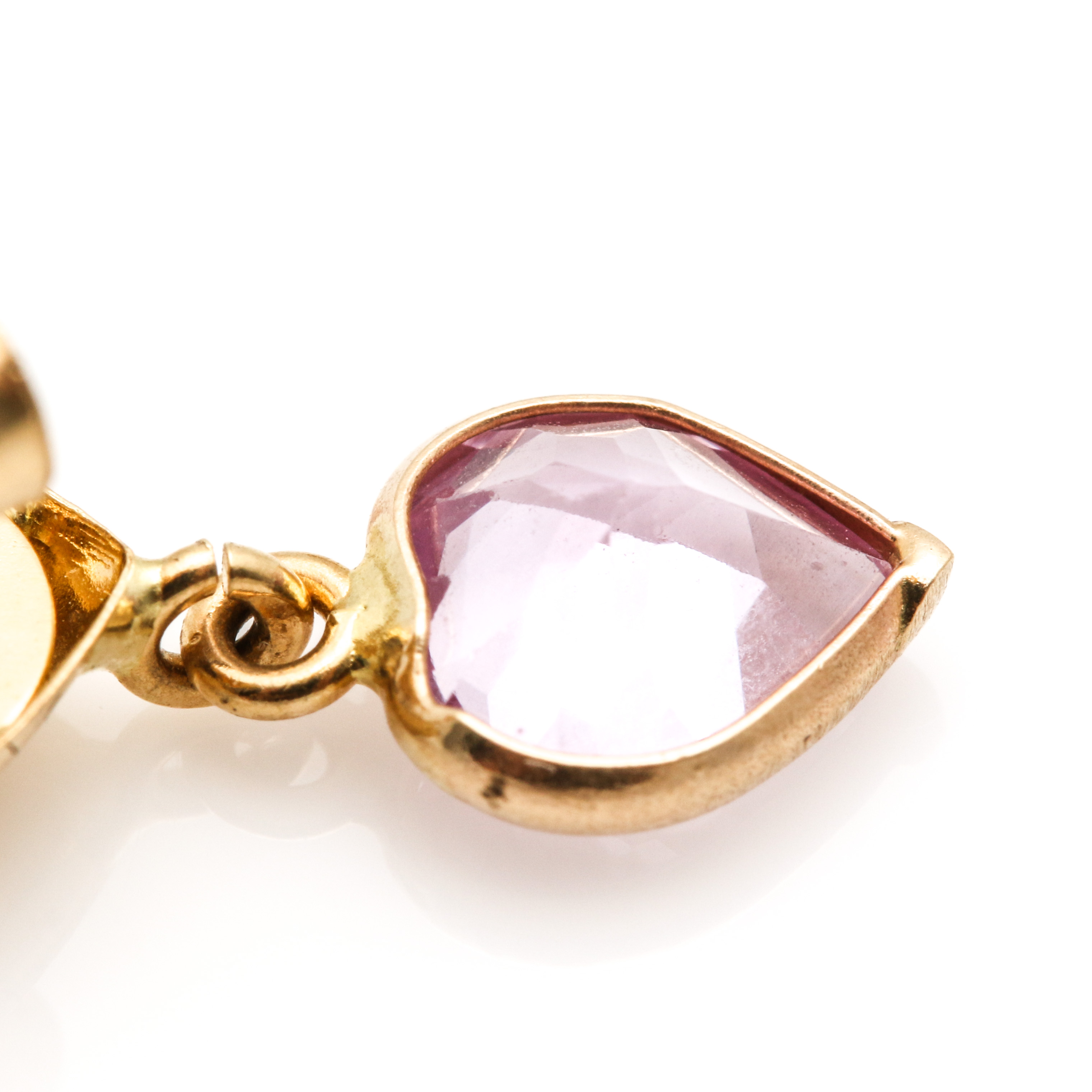 18K Yellow Gold Synthetic Pink Sapphire Dangle Earrings