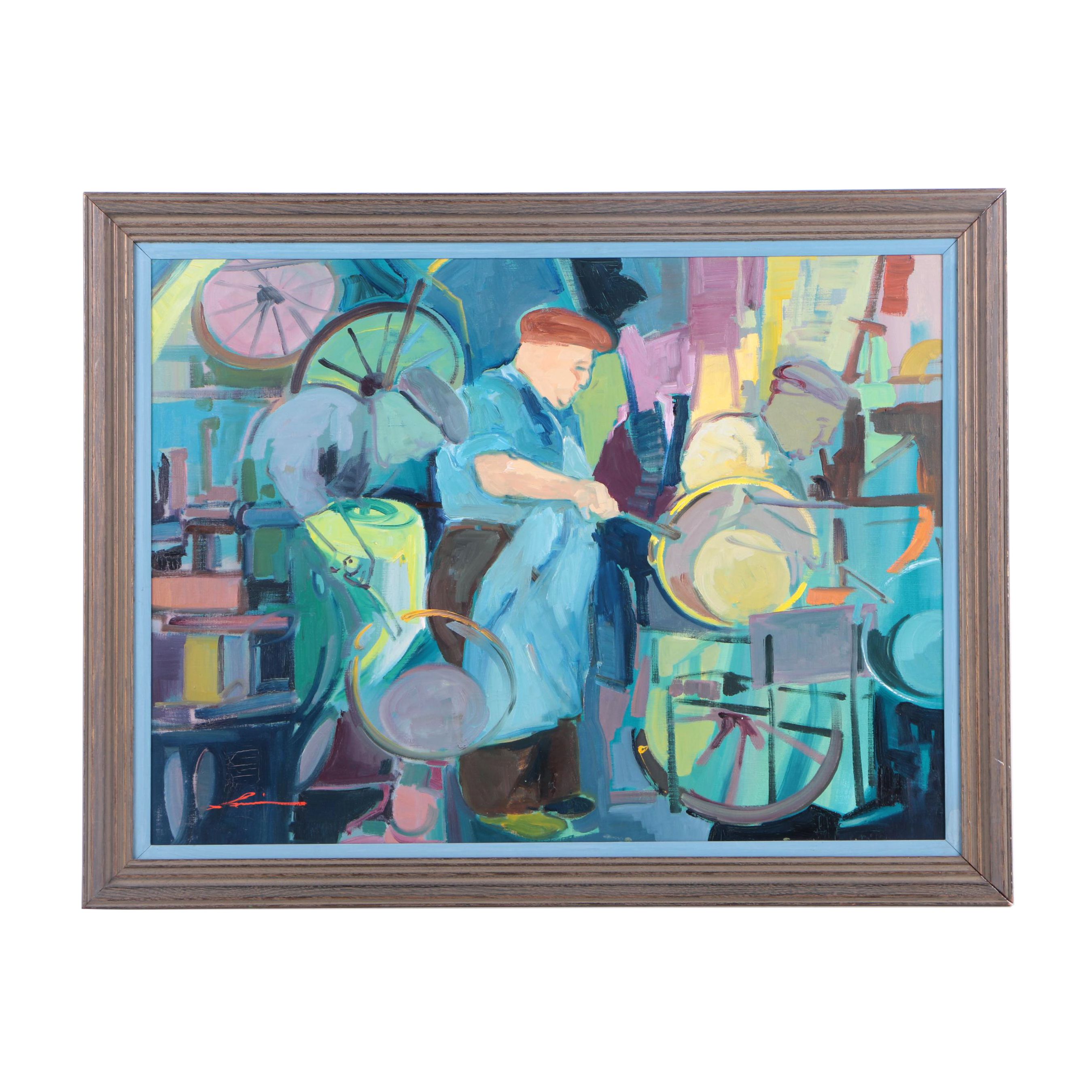 Larmi 1973 Oil Painting on Canvas of Workers in a Factory "H. Calderais"