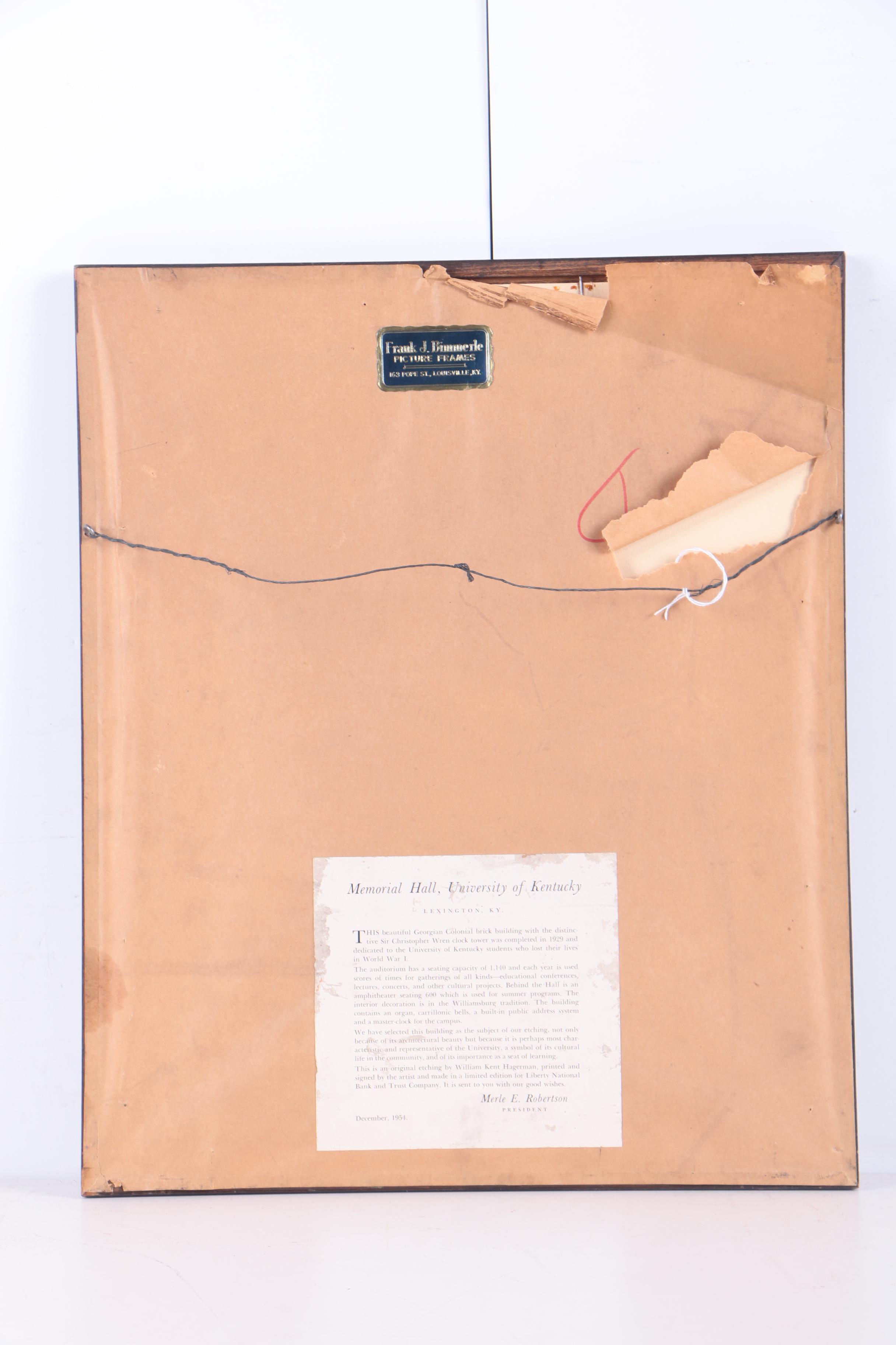 Kent Hagerman Etching of University of Kentucky's Memorial Hall "Lecture Hour"