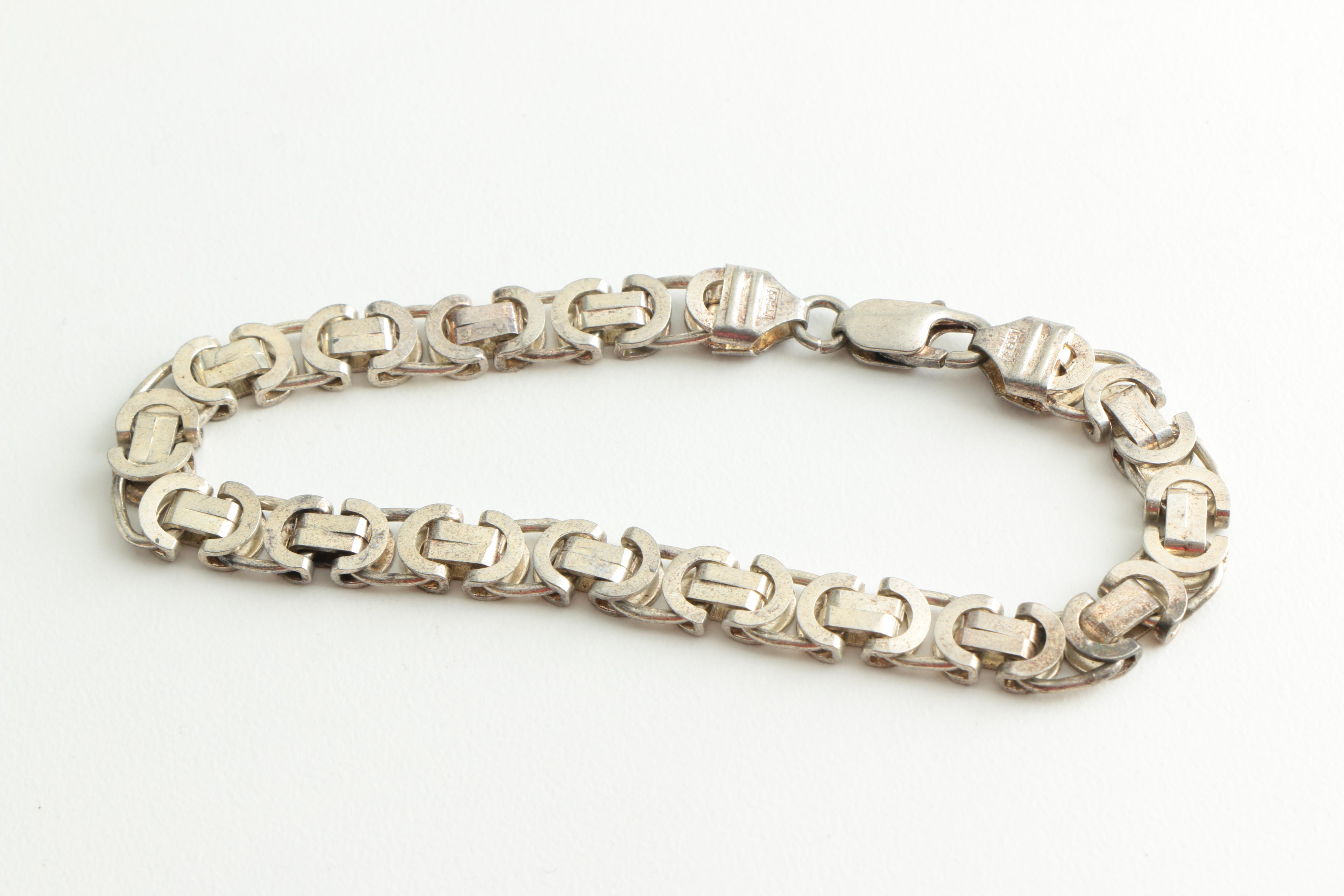Sterling Silver Chain Bracelets and Necklace Including Taxco