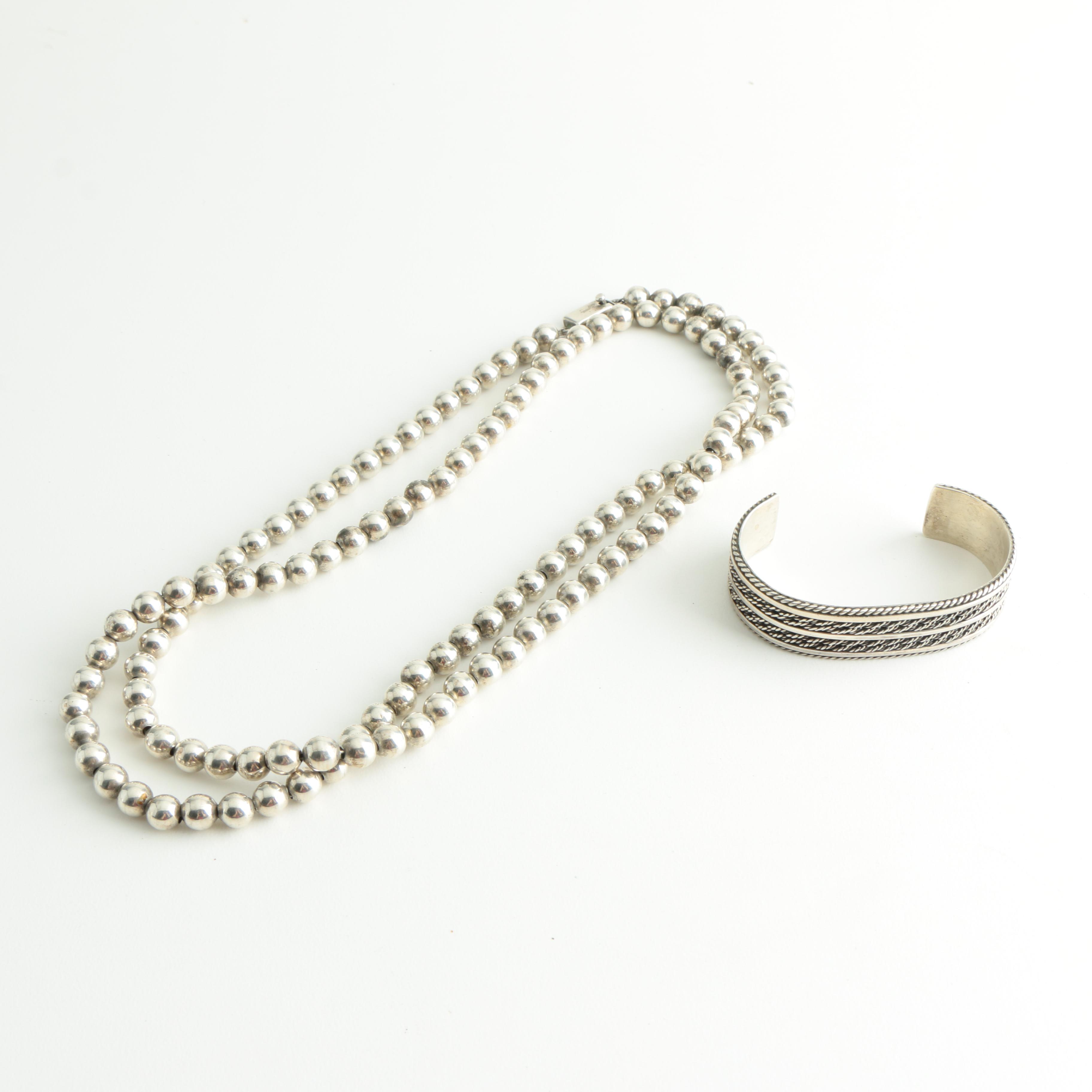Sterling Silver Cuff Bracelet and Beaded Necklace