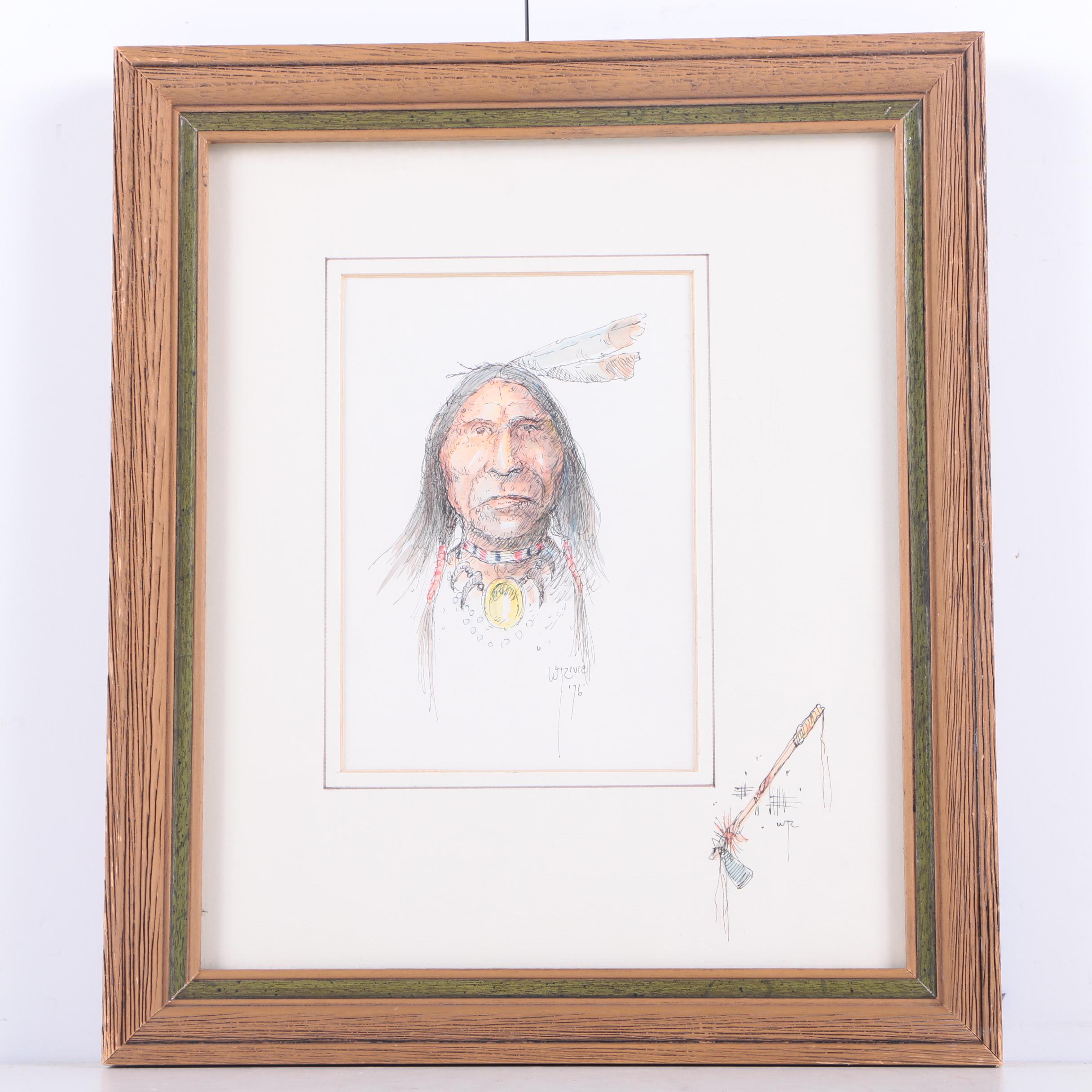 William Zivic Ink and Watercolor on Paper "Arapahoe" Native American Portrait