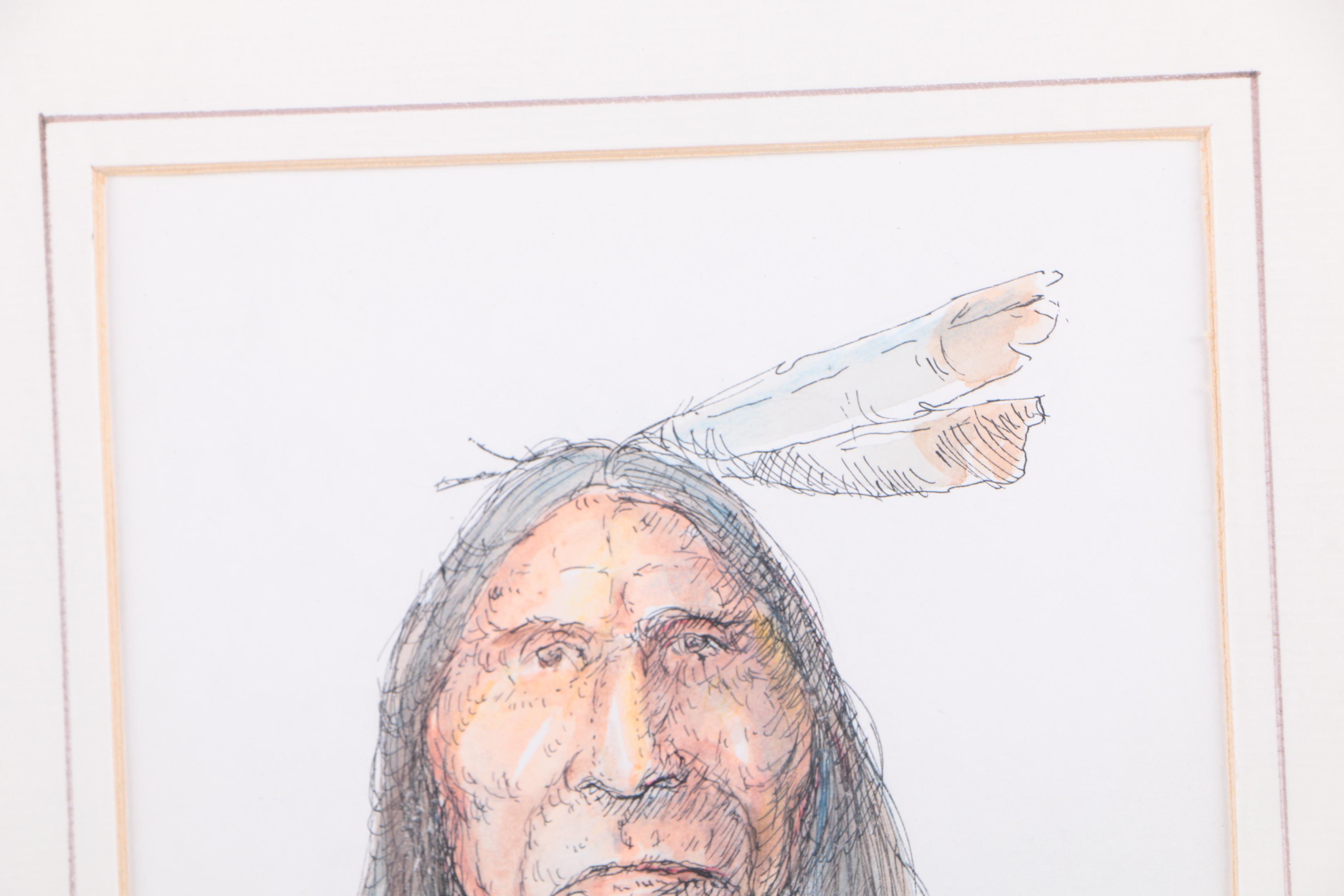 William Zivic Ink and Watercolor on Paper "Arapahoe" Native American Portrait