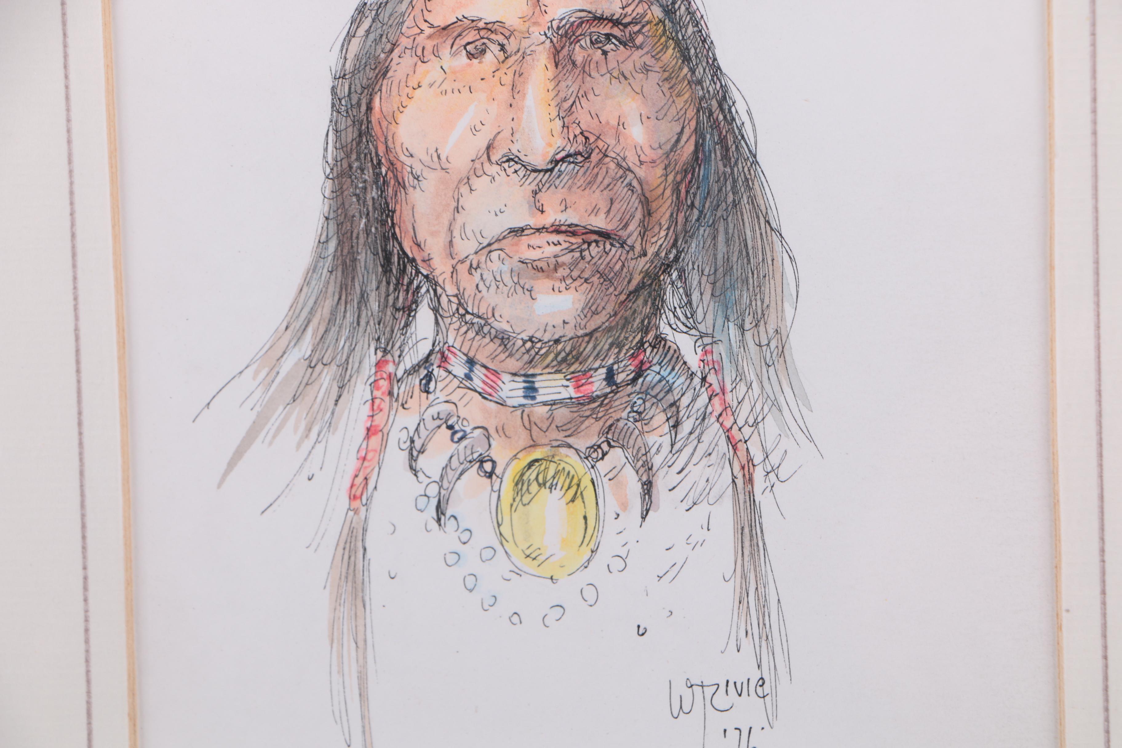 William Zivic Ink and Watercolor on Paper "Arapahoe" Native American Portrait