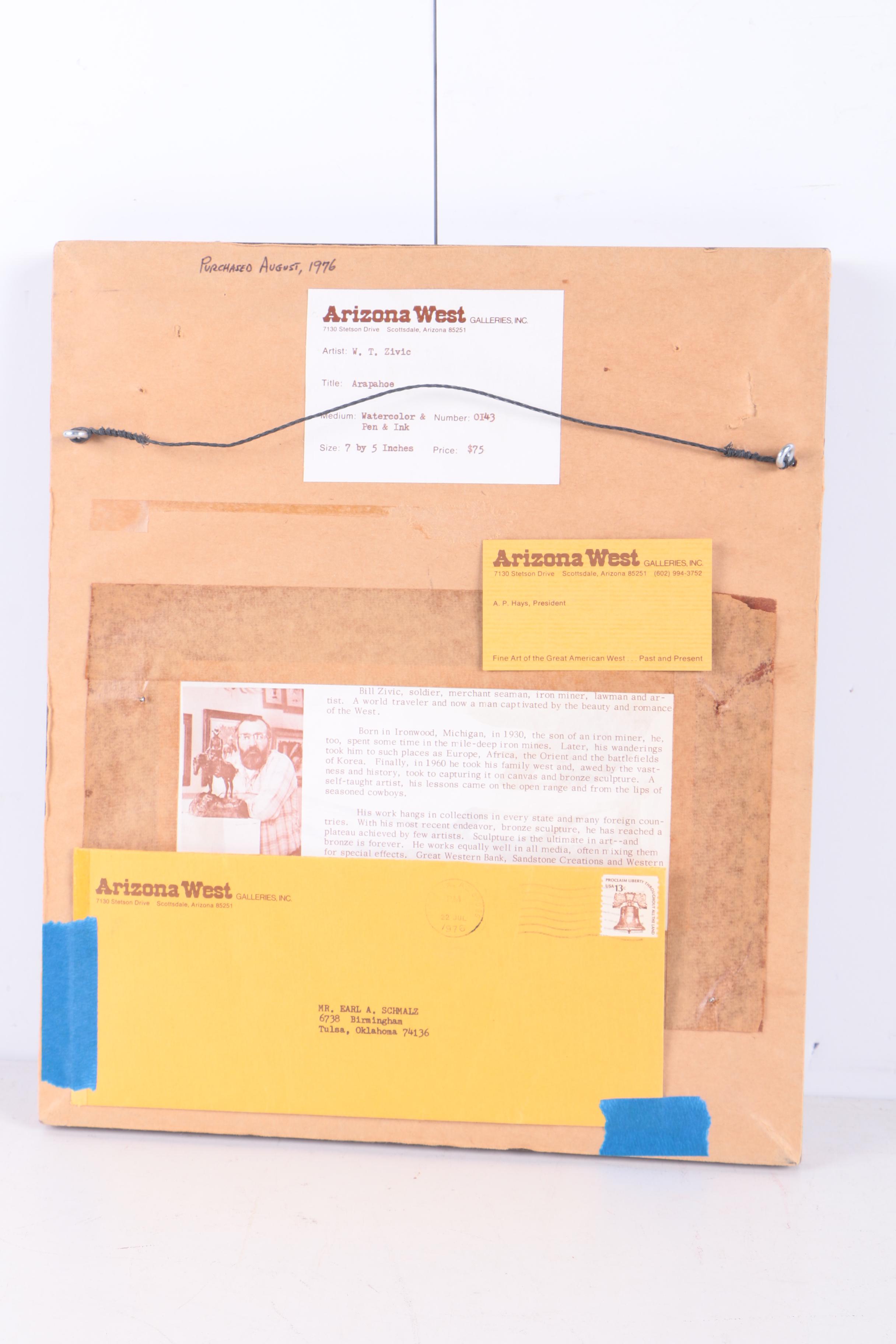 William Zivic Ink and Watercolor on Paper "Arapahoe" Native American Portrait