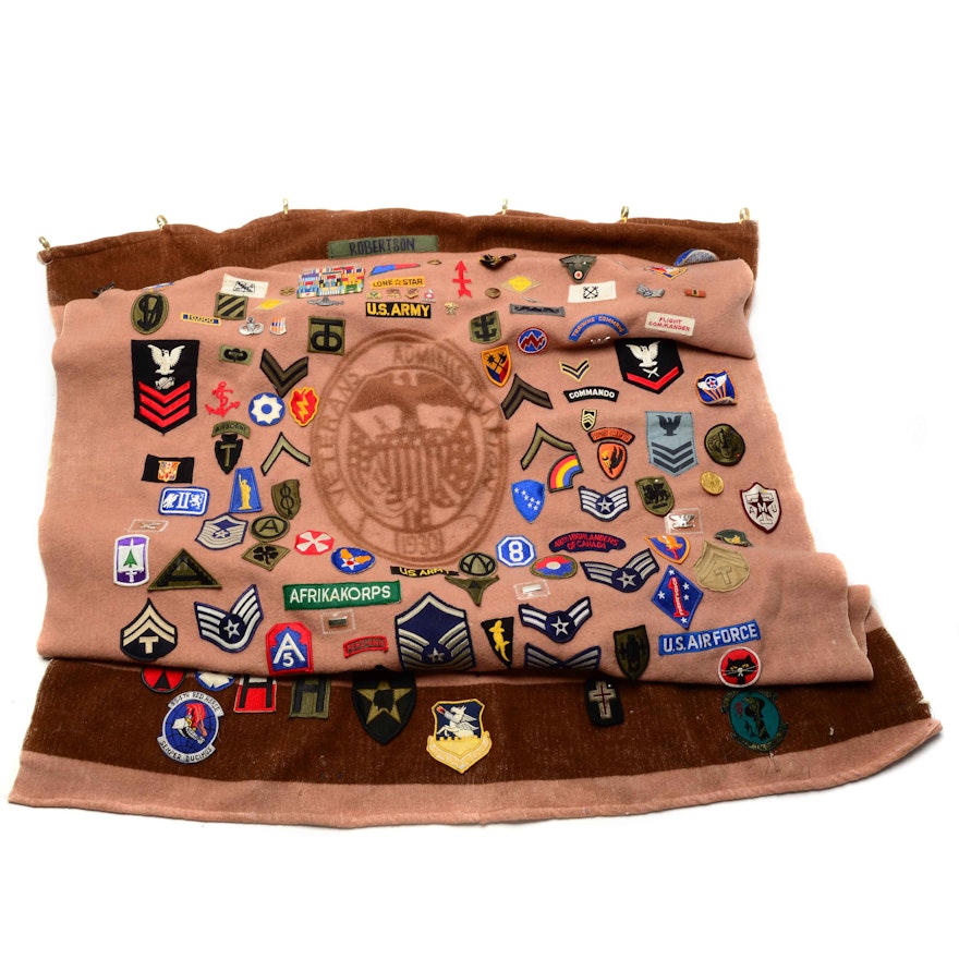 Blanket with Large Collection of Military Patches and Buttons