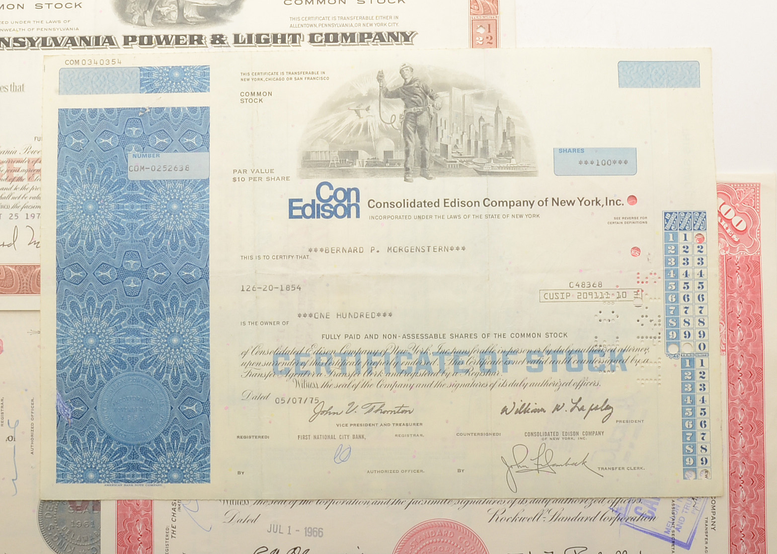 Eight Cancelled Stock Certificates