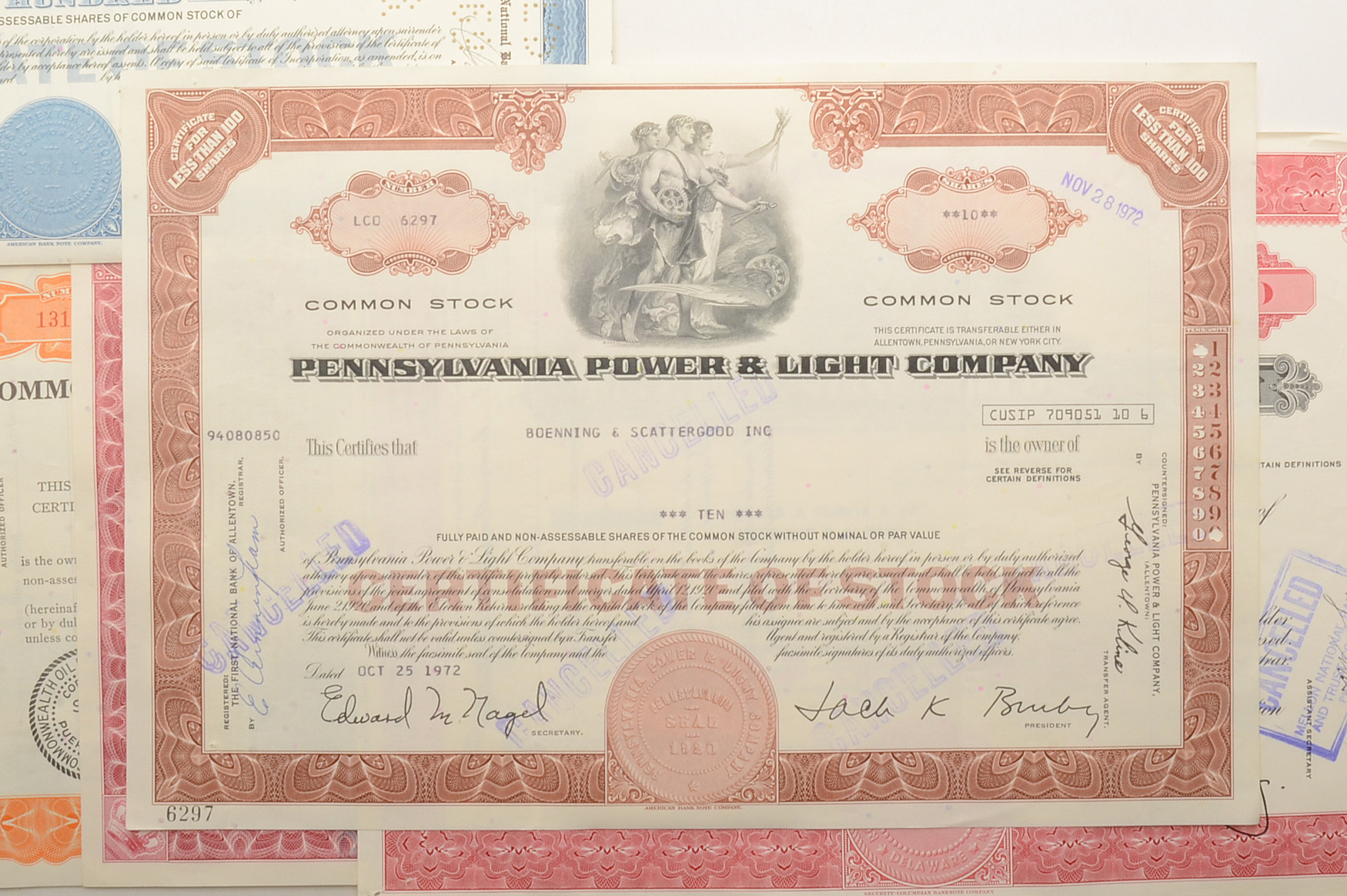 Eight Cancelled Stock Certificates