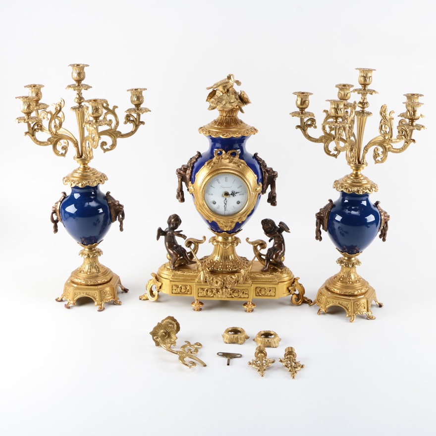 Imperial Italy Brass Mantle Clock and Garniture Set