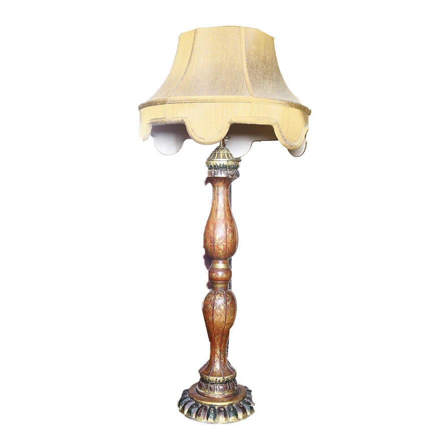 Carved Wood Table Lamp and Fabric Shade