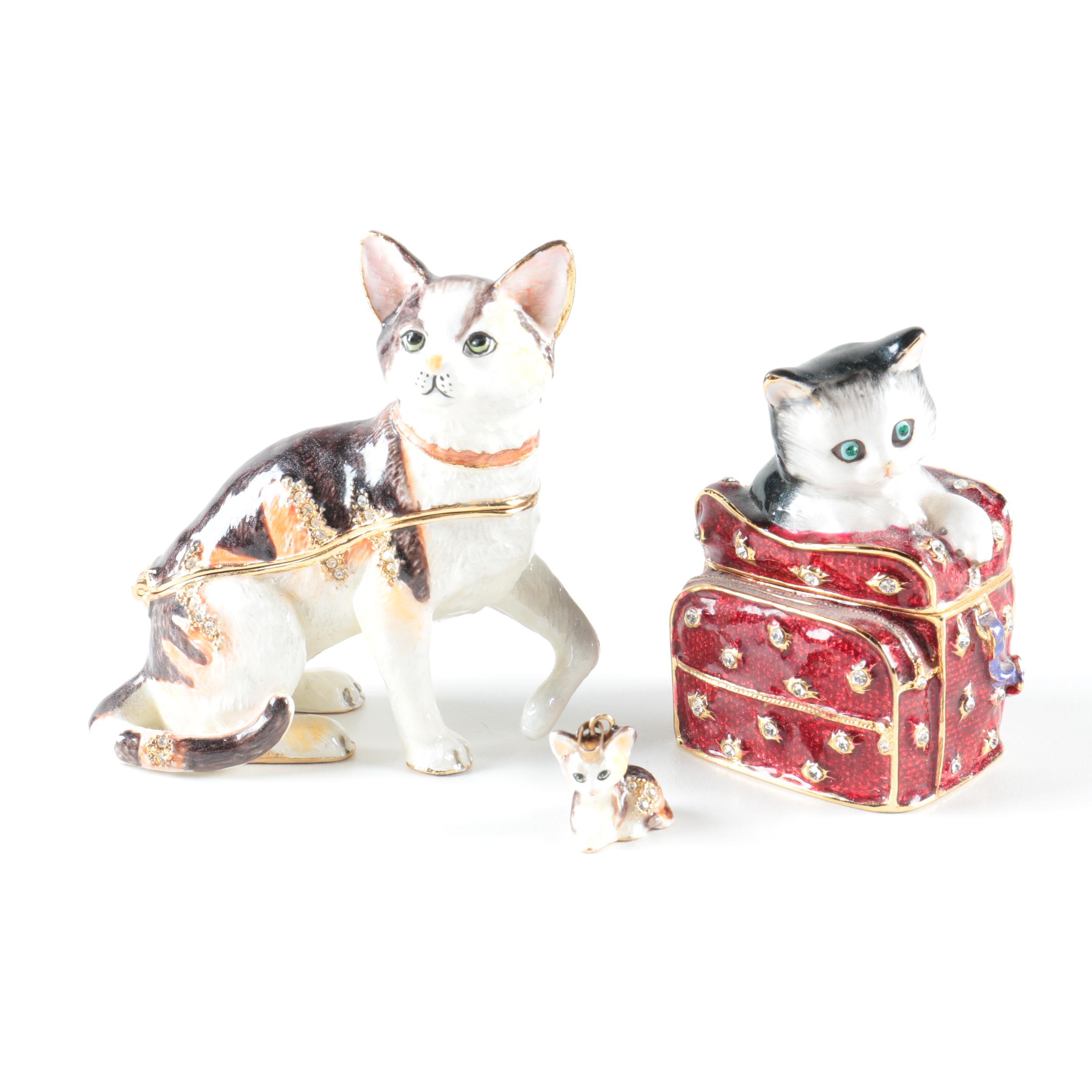 Figural Cat Porcelain Trinket Boxes